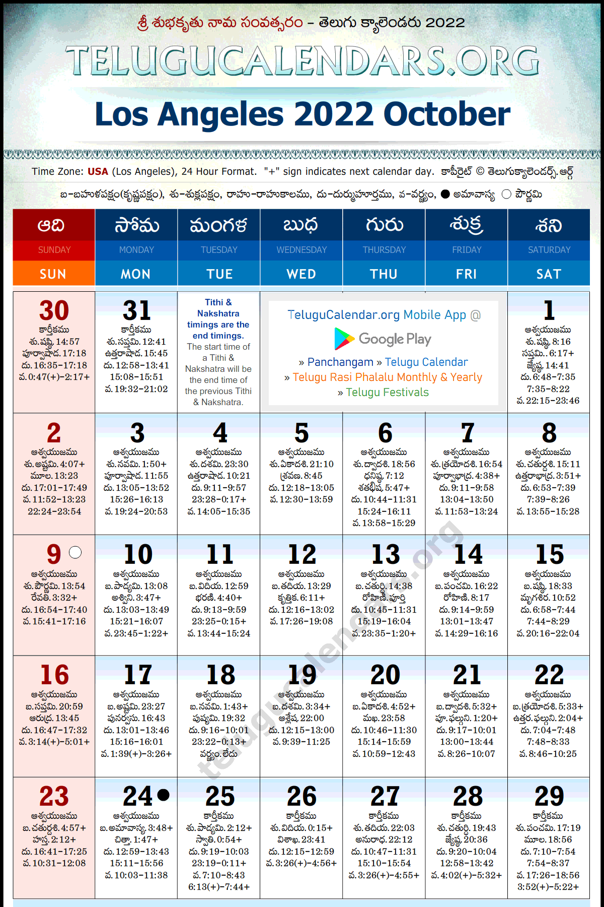 Telugu Calendar 2022 October, Los Angeles