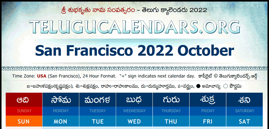 Telugu Calendar 2022 October