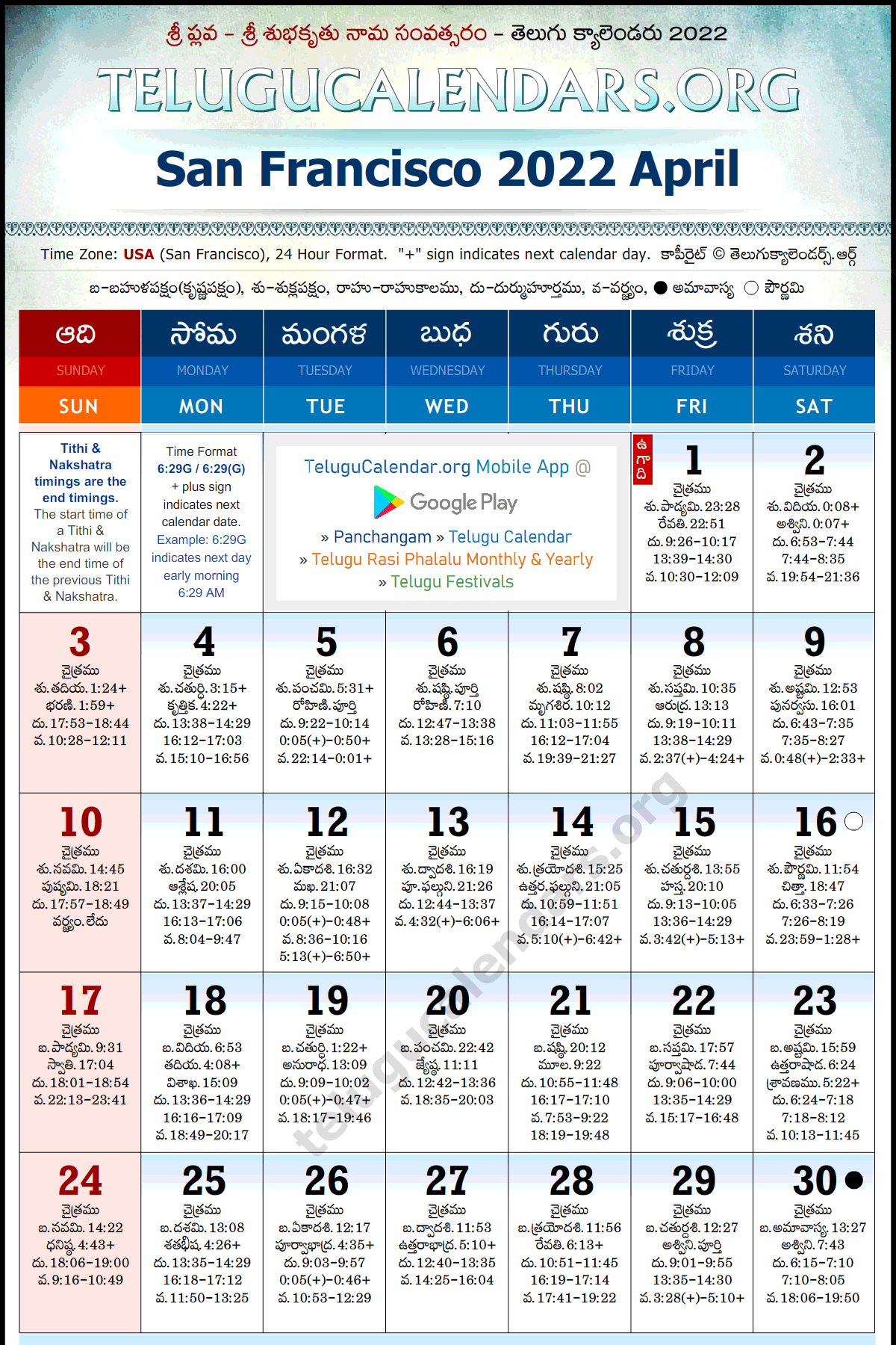 Telugu Calendar 2022 April, San Francisco