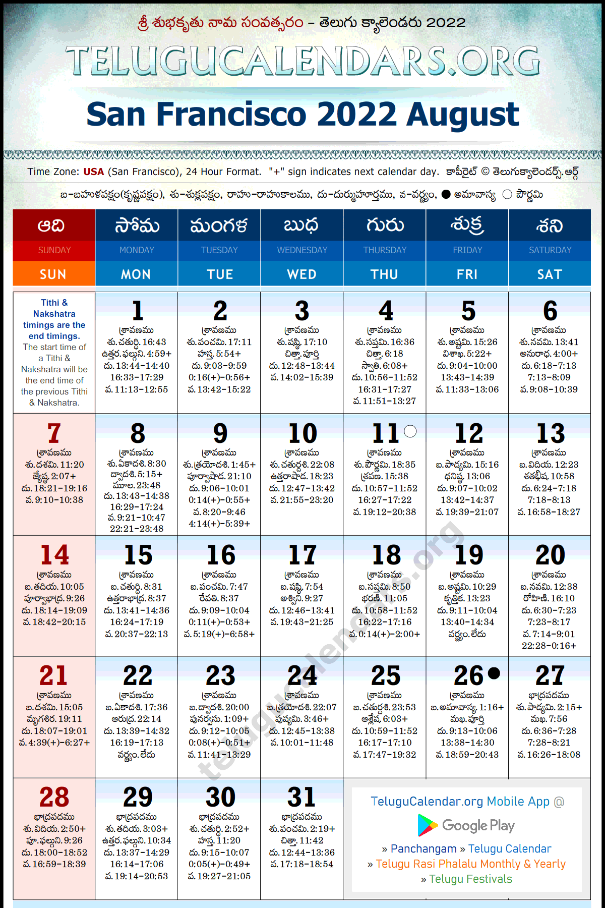 Telugu Calendar 2022 August, San Francisco