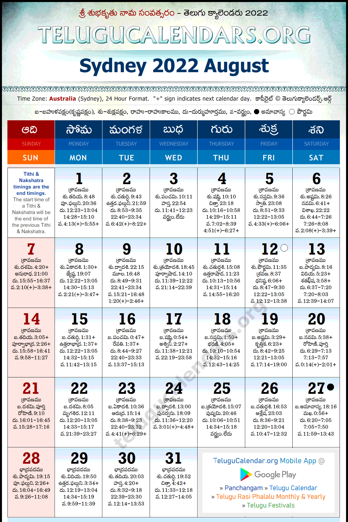 Telugu Calendar 2022 August, Sydney