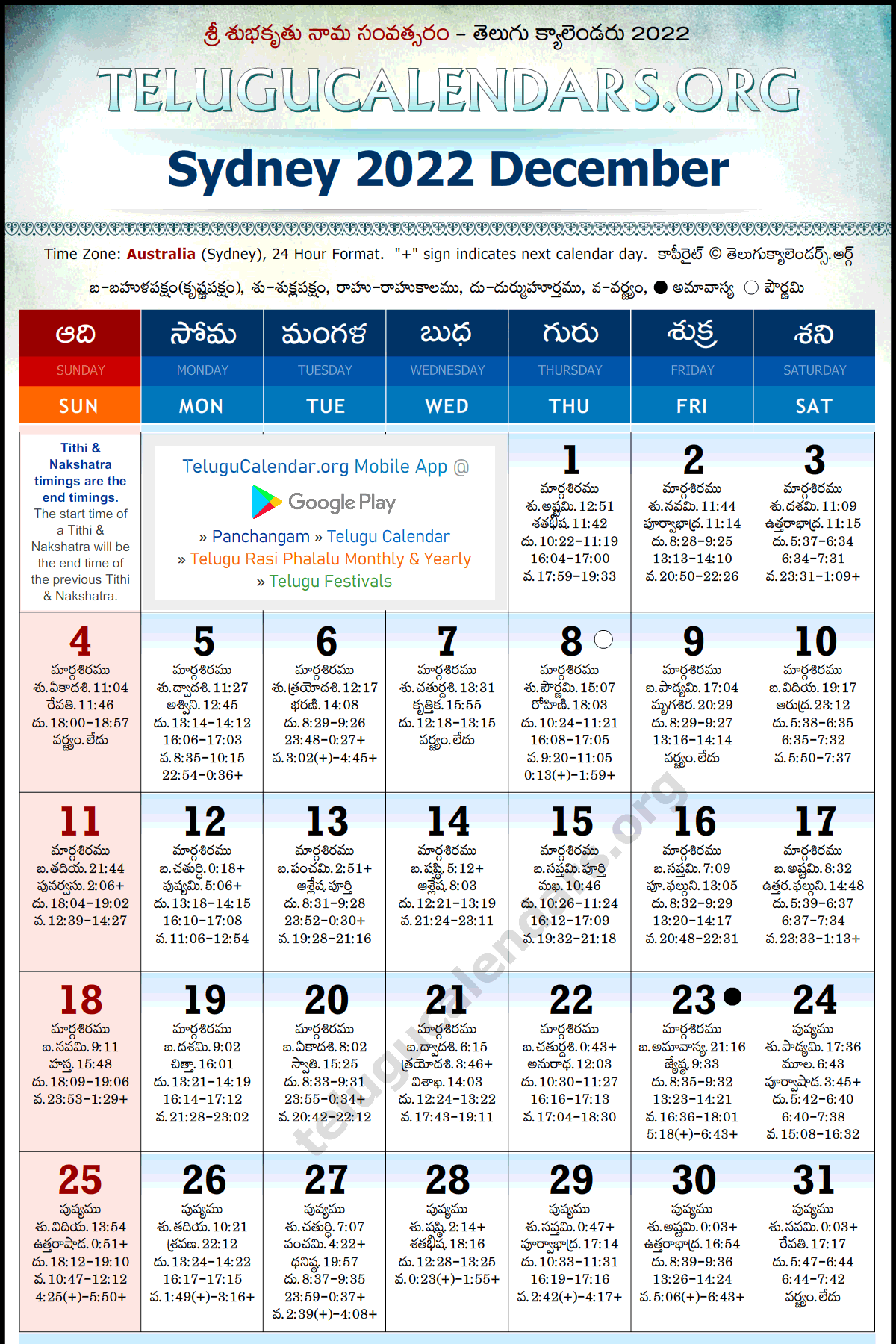 Telugu Calendar 2022 December, Sydney