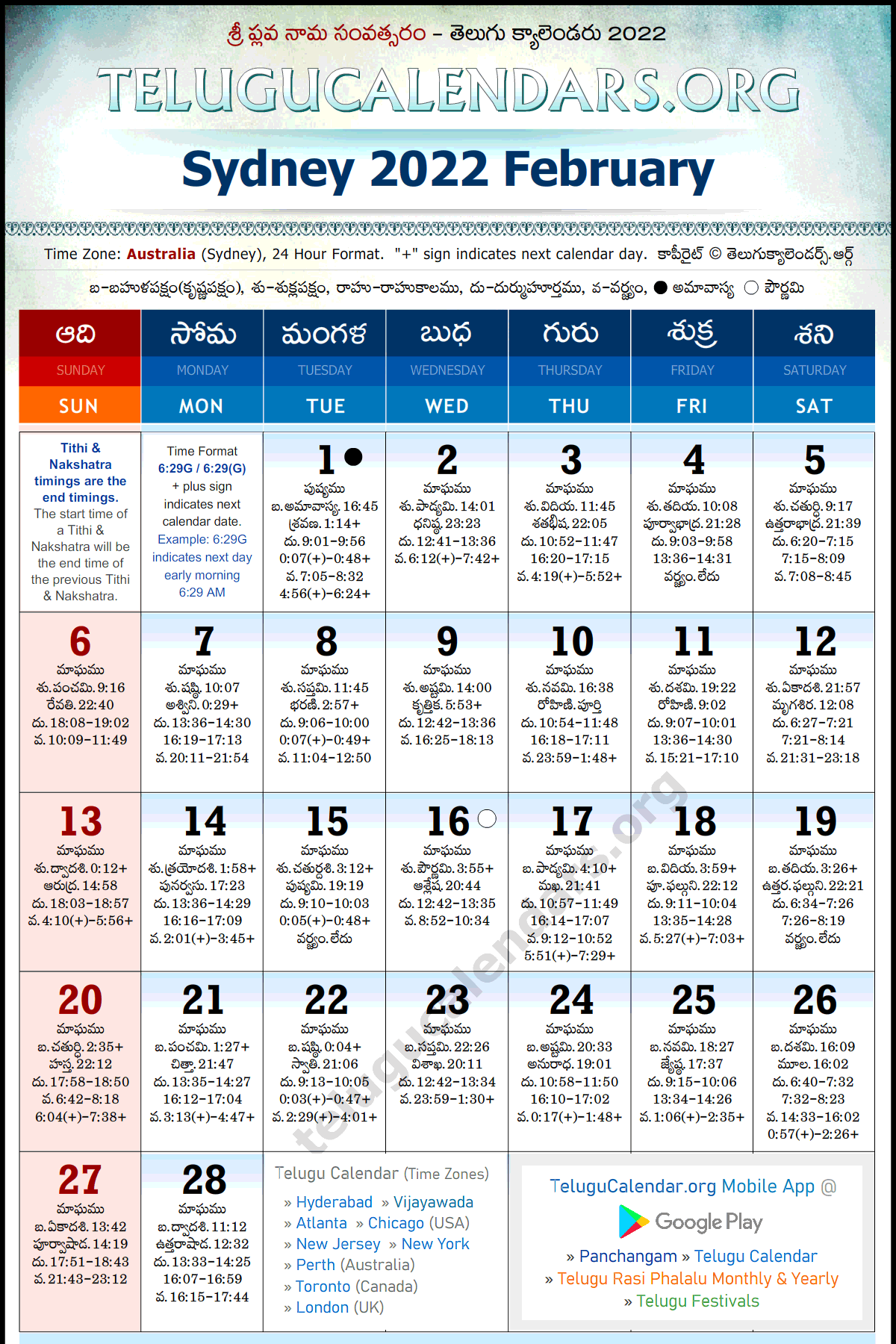 Telugu Calendar 2022 February, Sydney