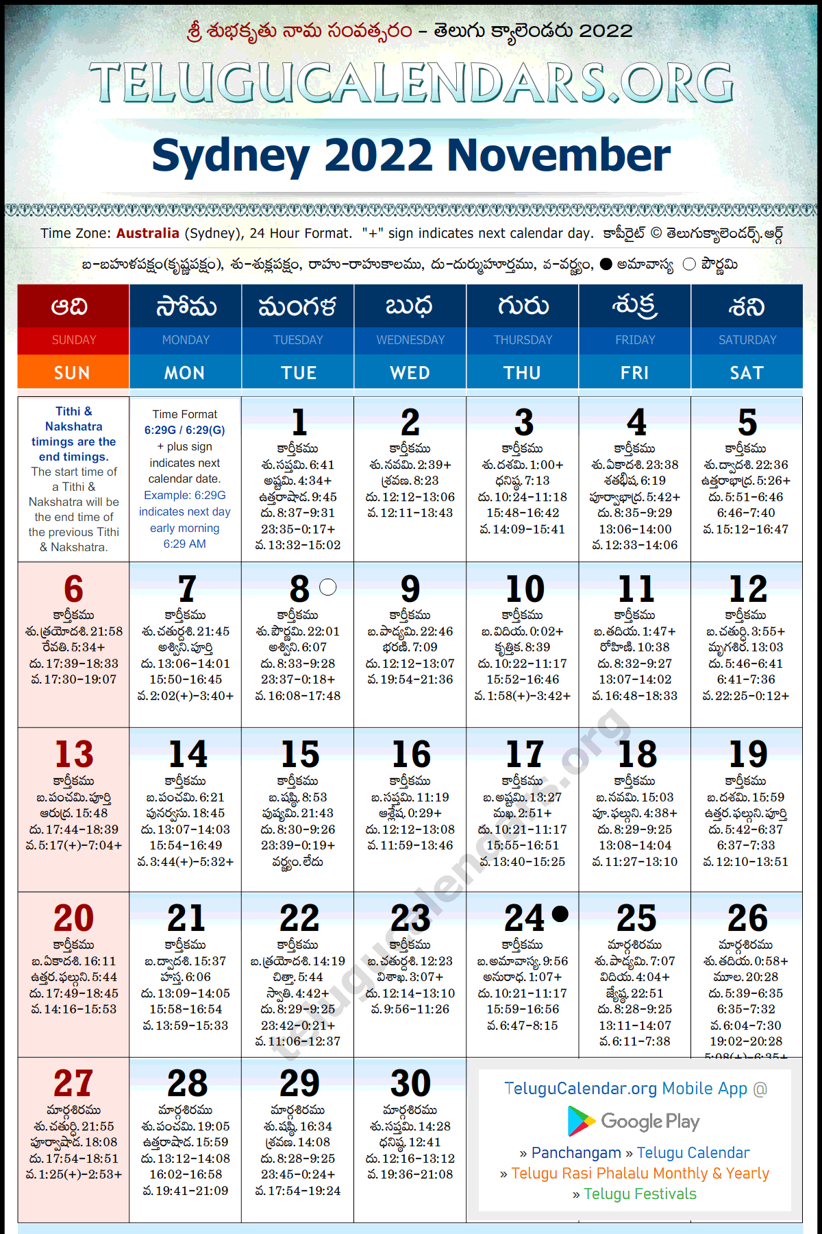 Sydney Telugu Calendars 2022 November