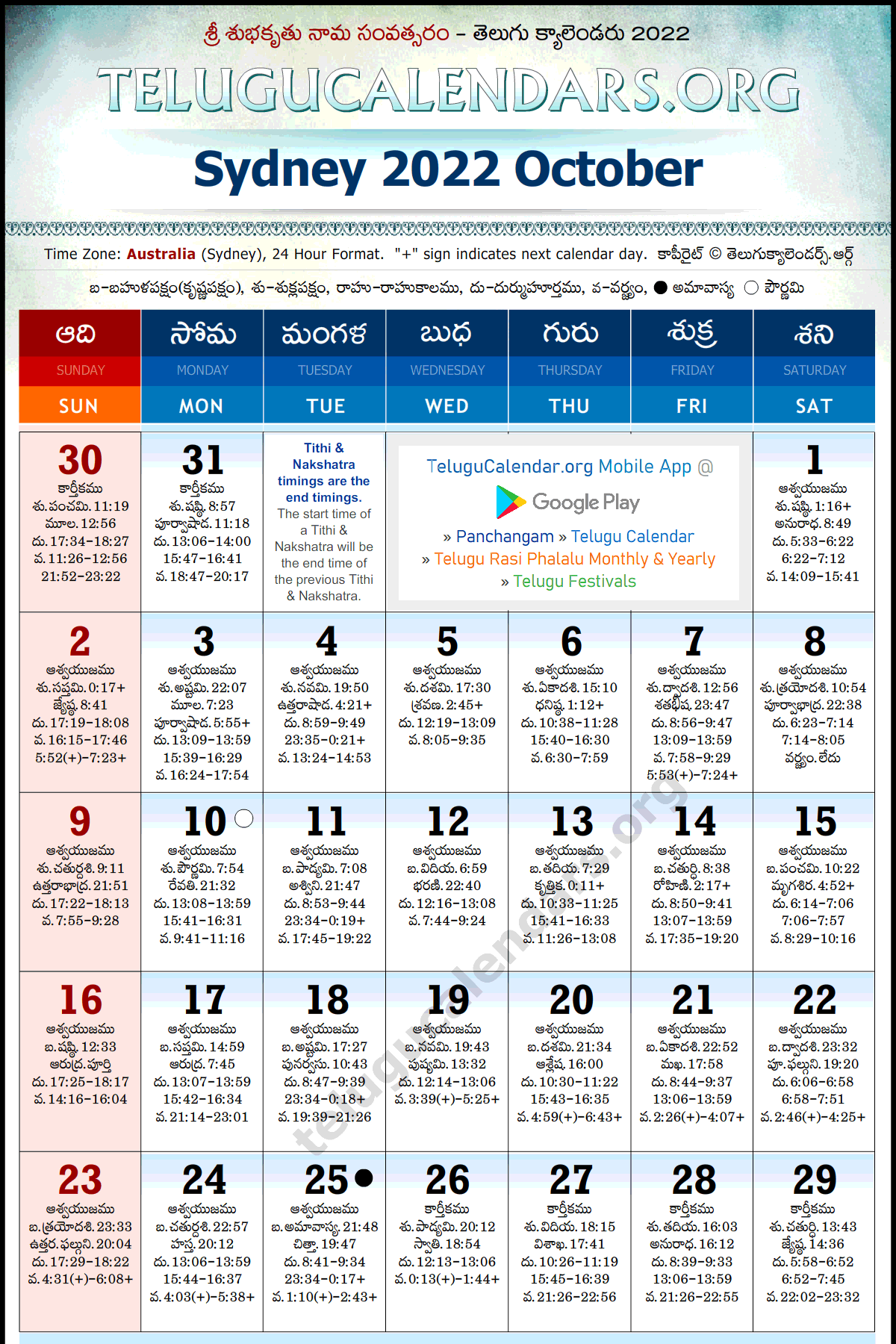 Sydney Telugu Calendars 2022 October
