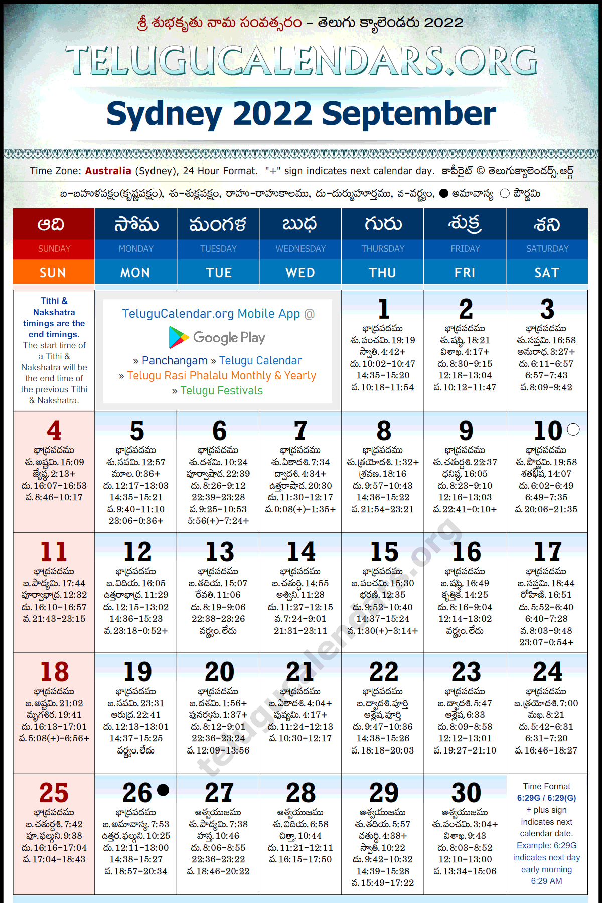 Telugu Calendar 2022 September, Sydney