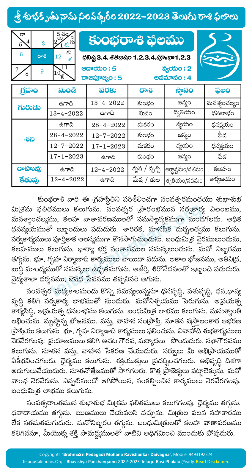 Kumba Rasi Phalalu 20222023 Yearly Predictions & Remedies in Telugu