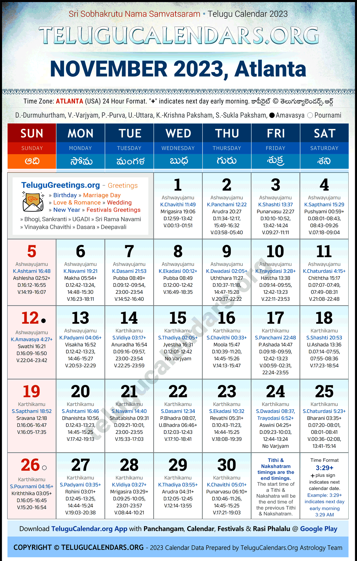 Telugu Calendar 2023 November Festivals for Atlanta