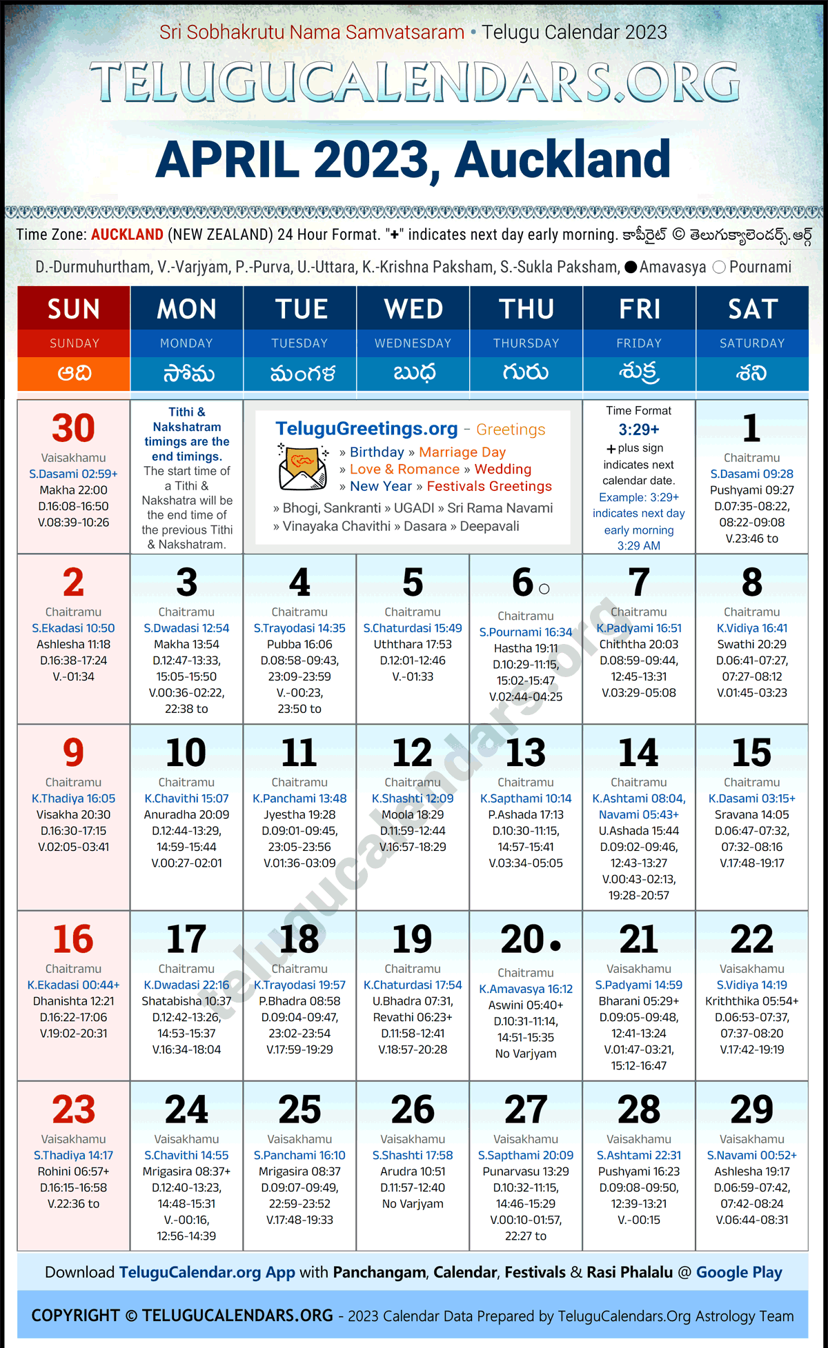 Telugu Calendar 2023 April Festivals for Auckland