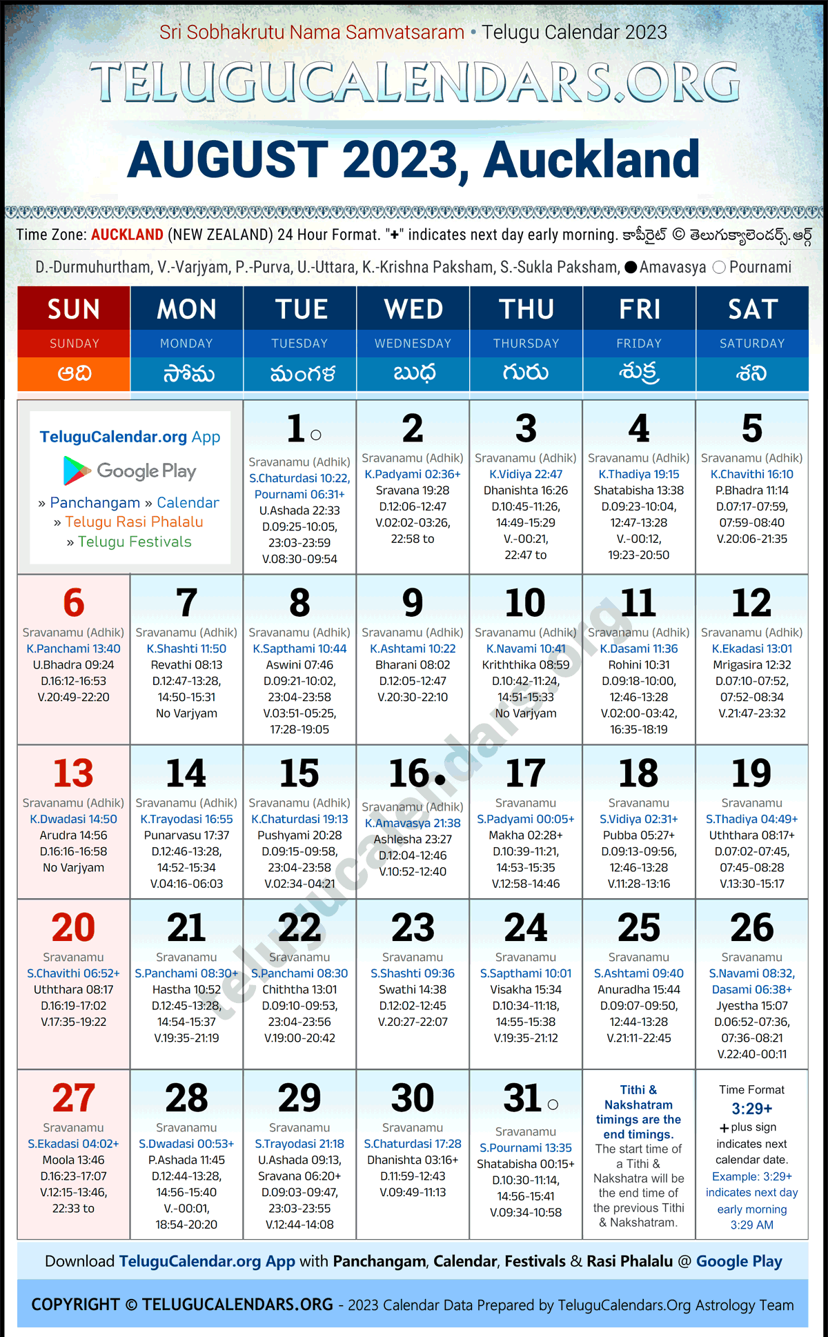 Telugu Calendar 2023 August Festivals for Auckland
