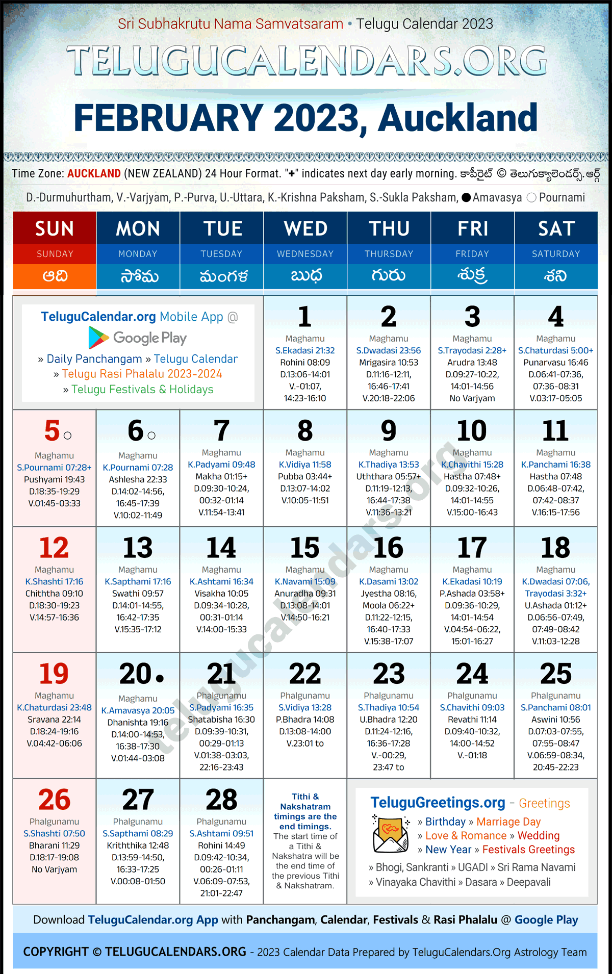 Telugu Calendar 2023 February Festivals for Auckland