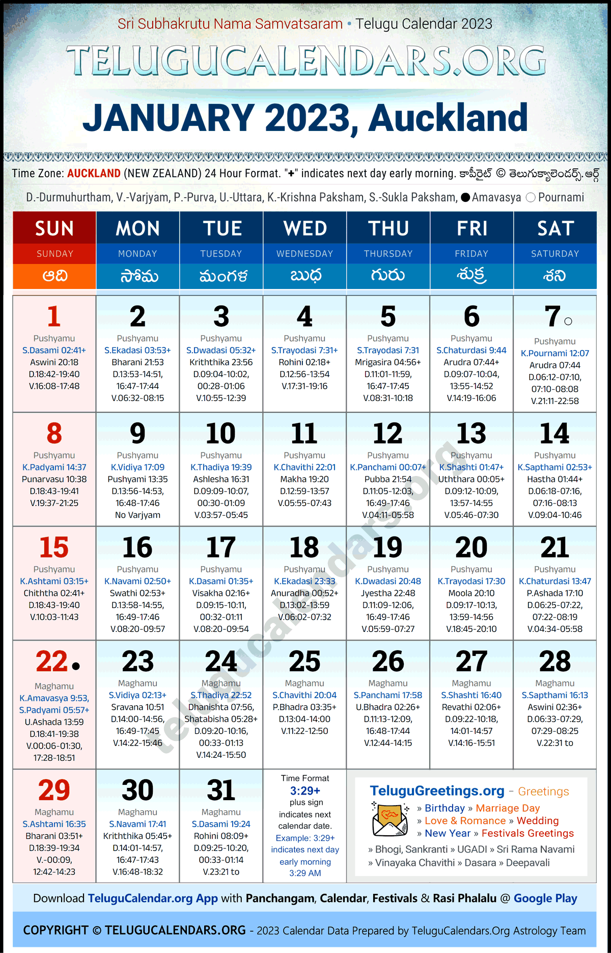 Telugu Calendar 2023 January Festivals for Auckland