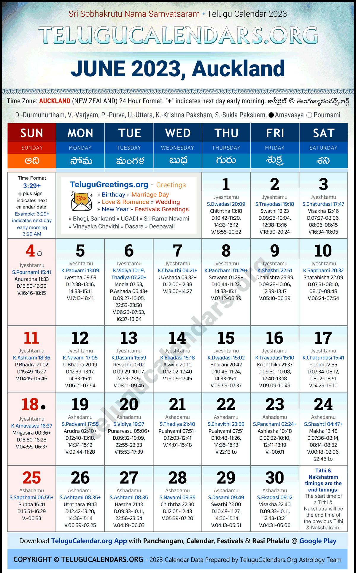 Telugu Calendar 2023 June Festivals for Auckland