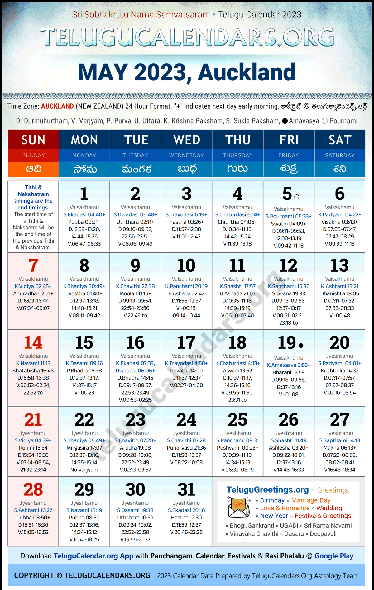 Telugu Calendar 2023 May Festivals for Auckland