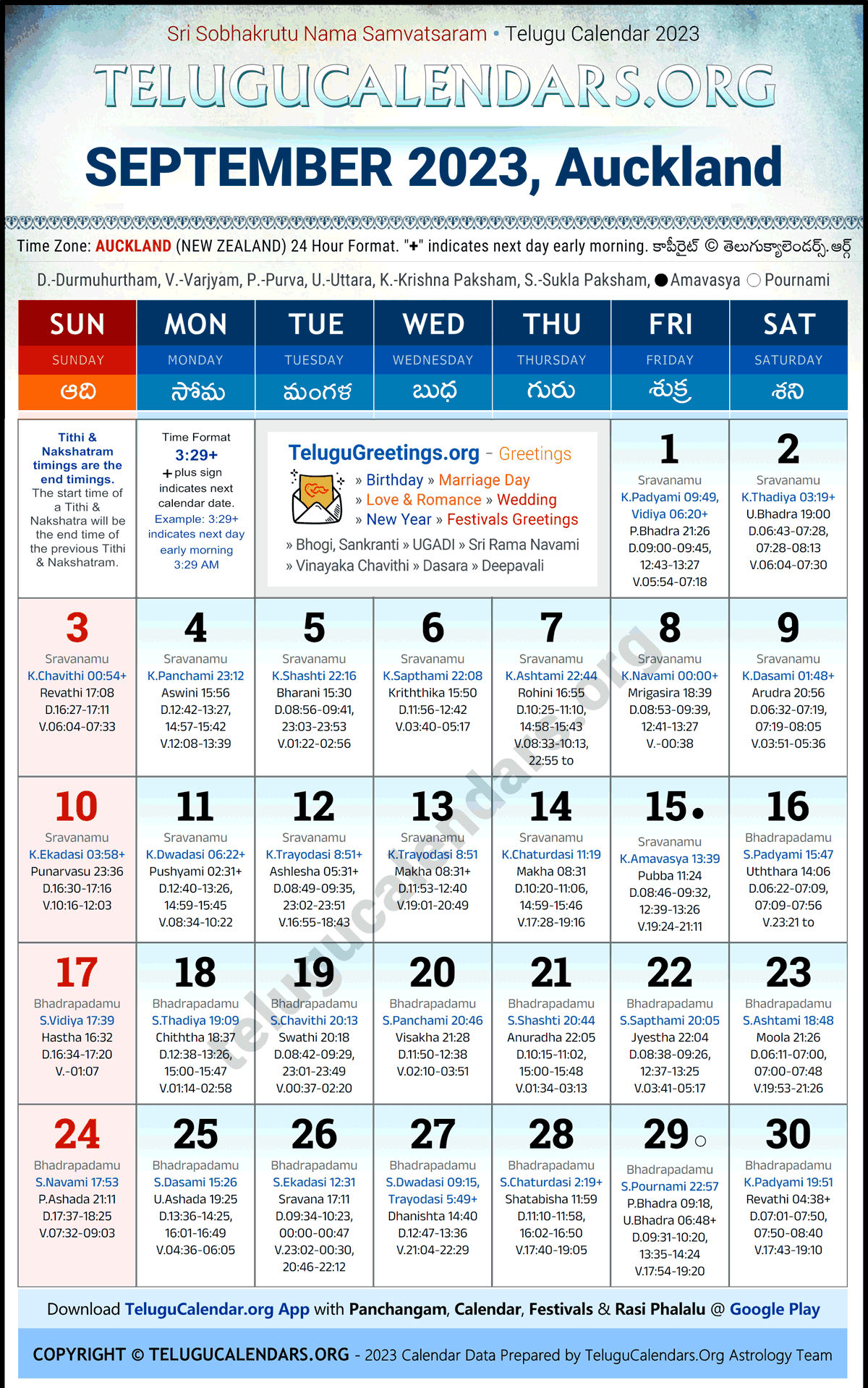 Telugu Calendar 2023 September Festivals for Auckland