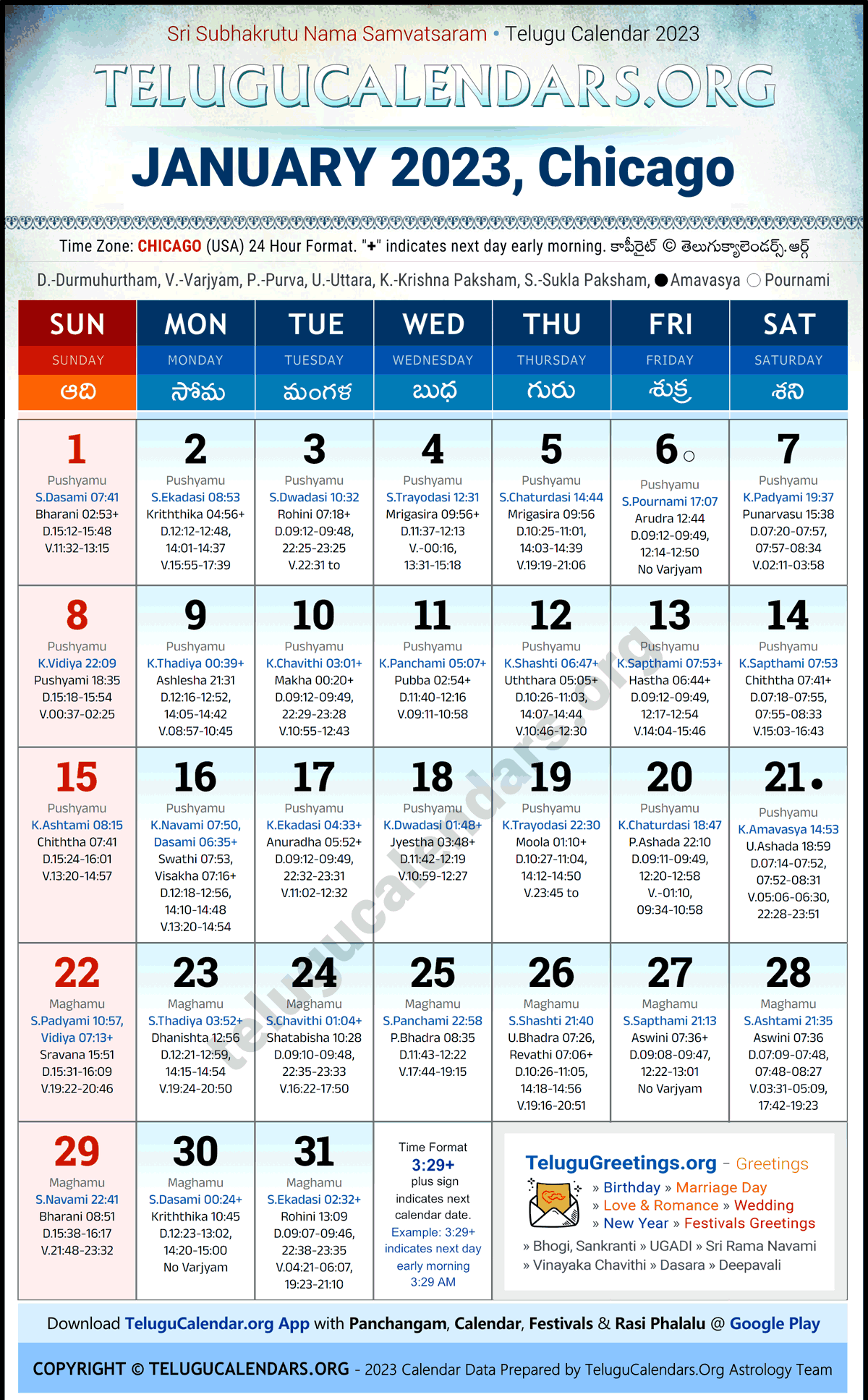 Chicago 2023 January Telugu Calendar Festivals & Holidays in English
