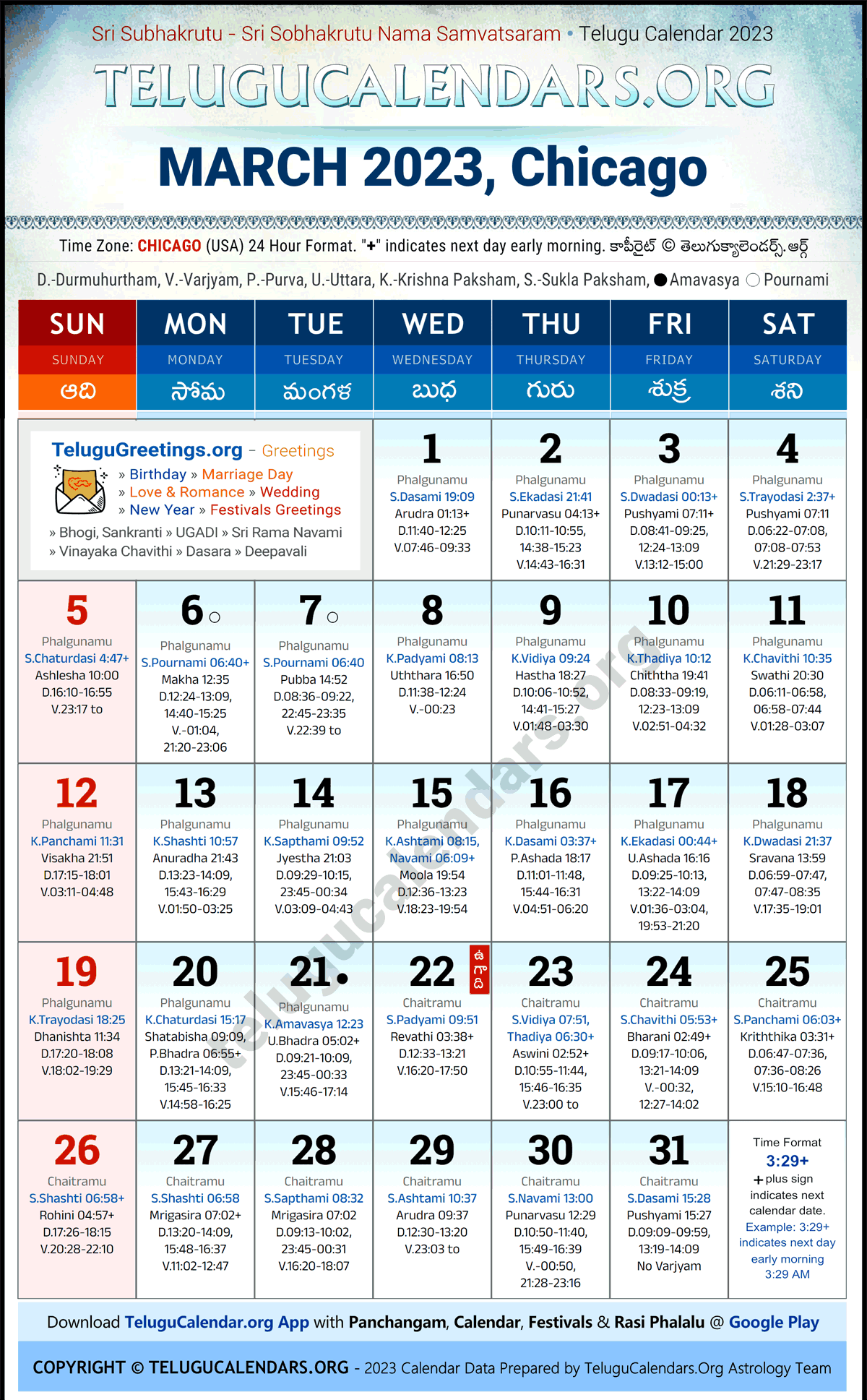 Chicago 2023 March Telugu Calendar Festivals & Holidays in English PDF