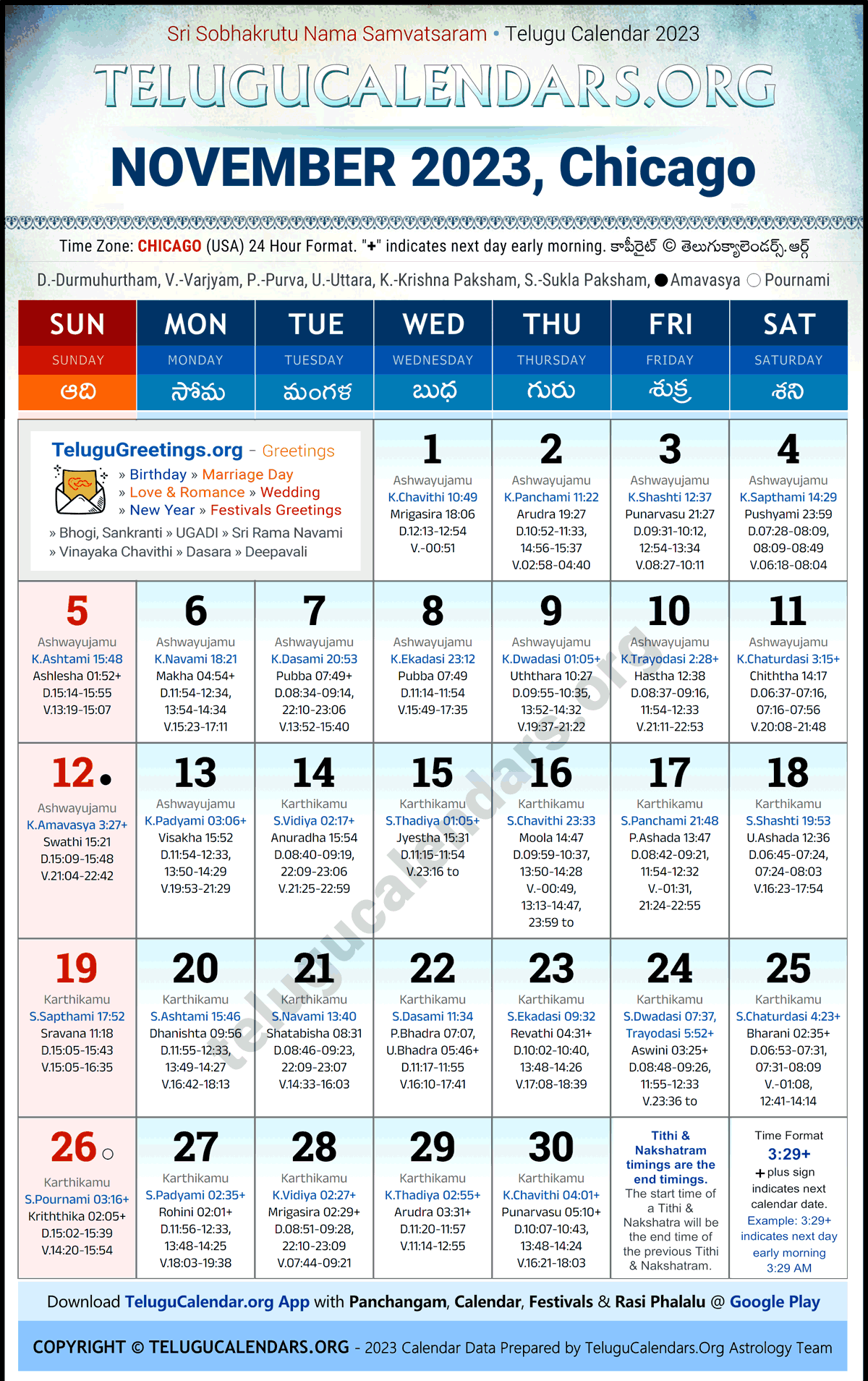 Telugu Calendar 2023 November Festivals for Chicago