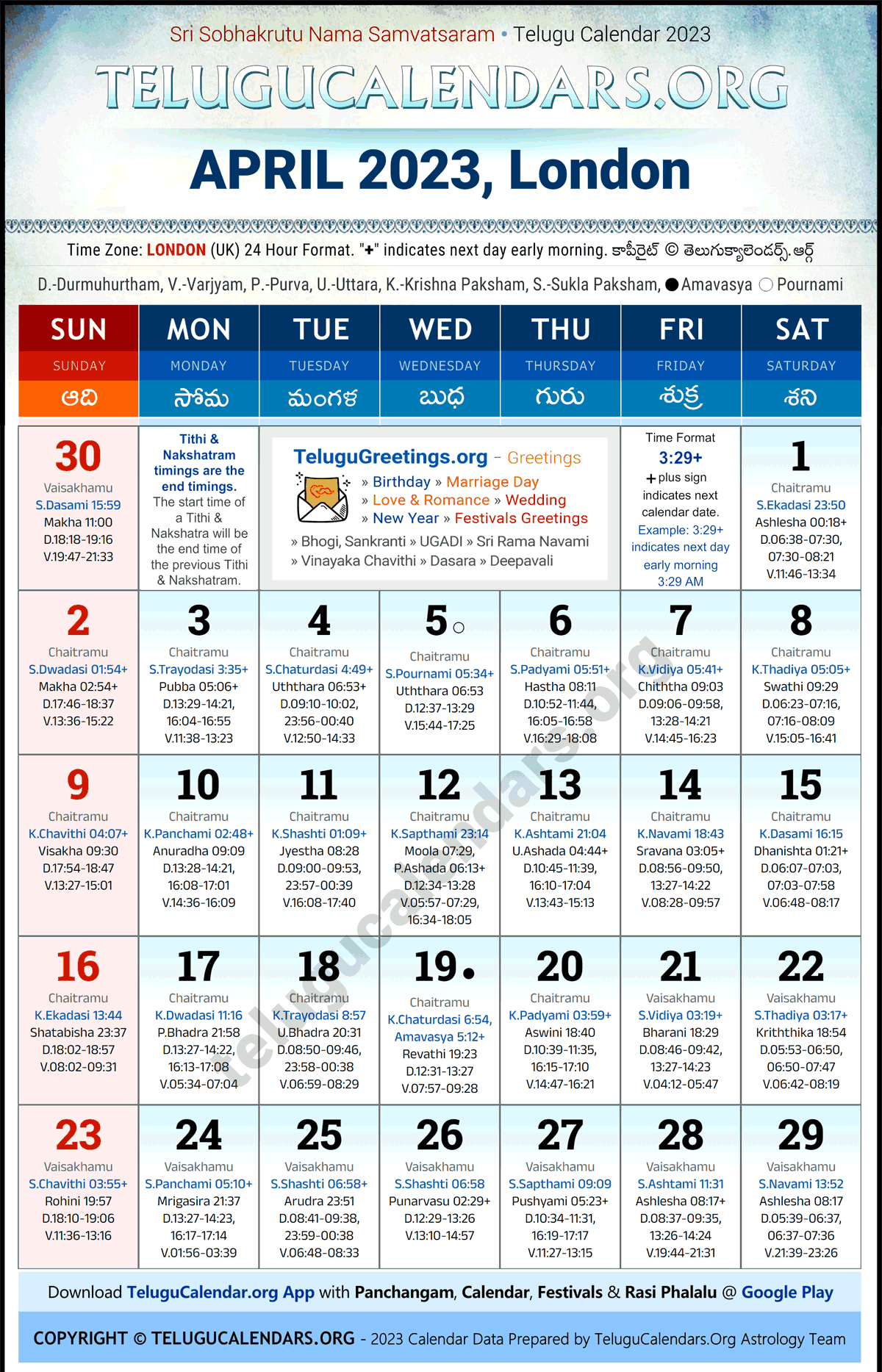 London 2023 April Telugu Calendar Festivals & Holidays in English PDF