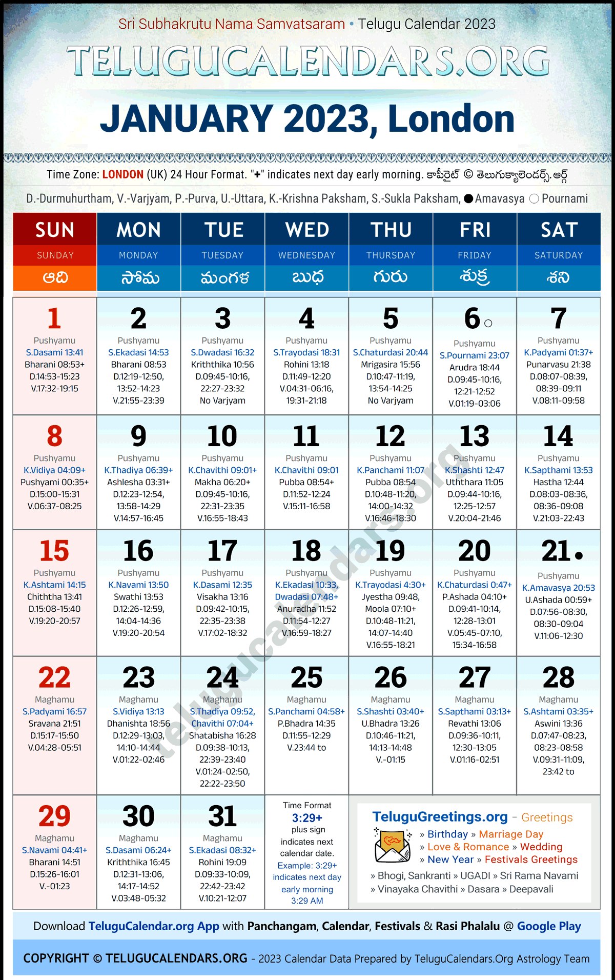 Telugu Calendar 2023 January Festivals for London