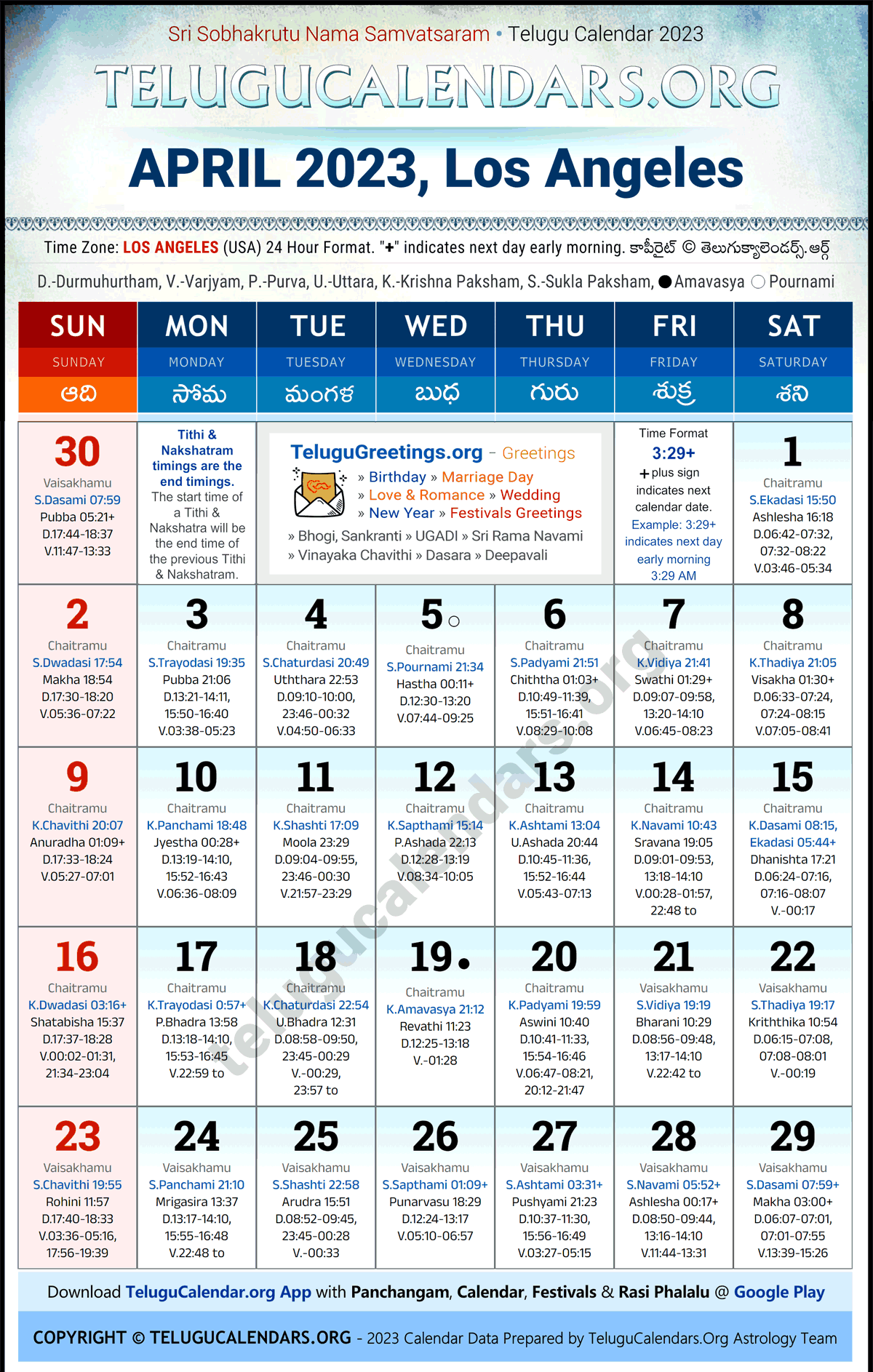 Los Angeles 2023 April Telugu Calendar Festivals & Holidays in English