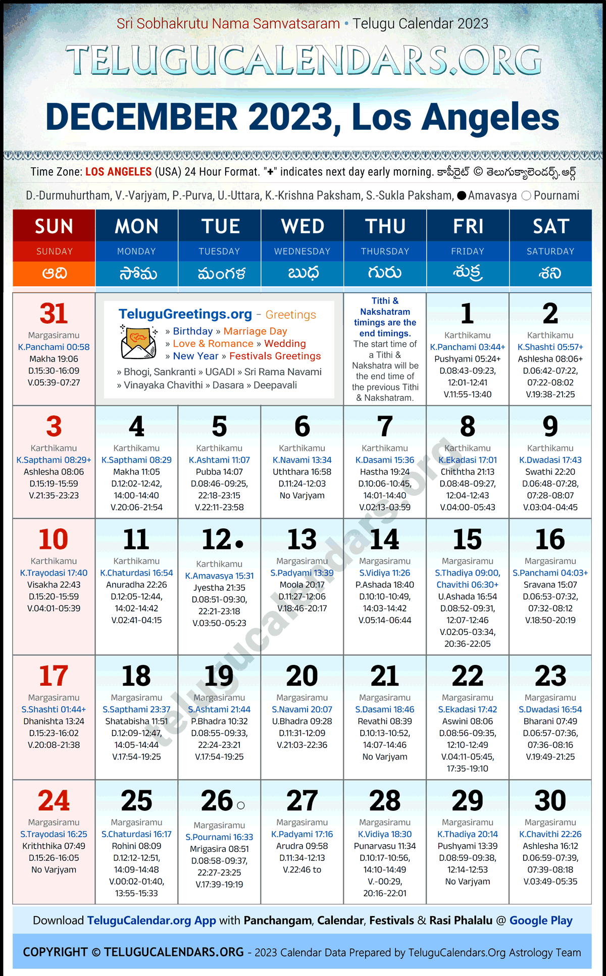 Telugu Calendar 2023 December Festivals for Los Angeles
