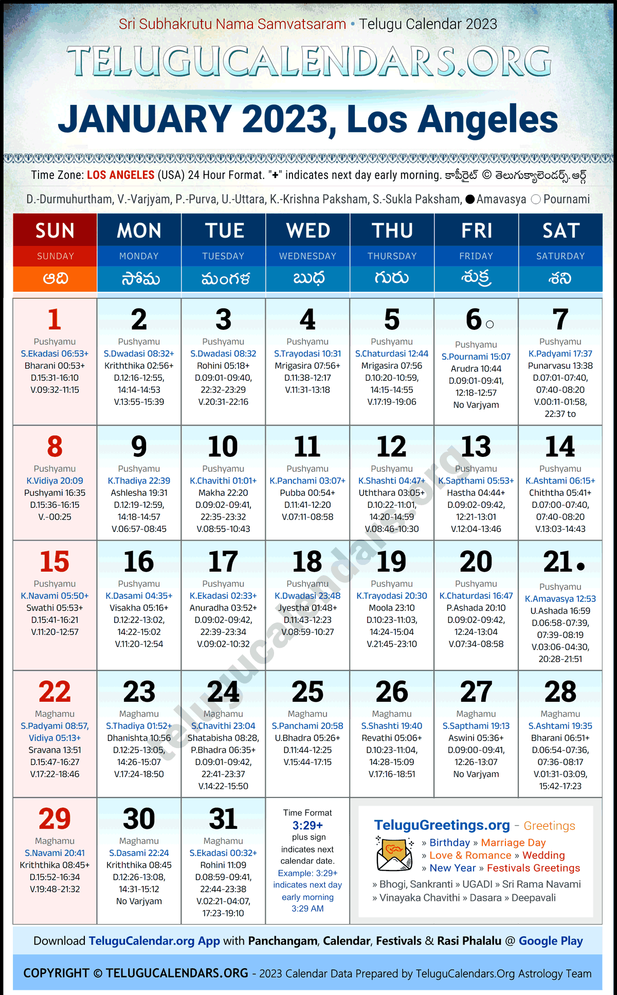 Telugu Calendar 2023 January Festivals for Los Angeles