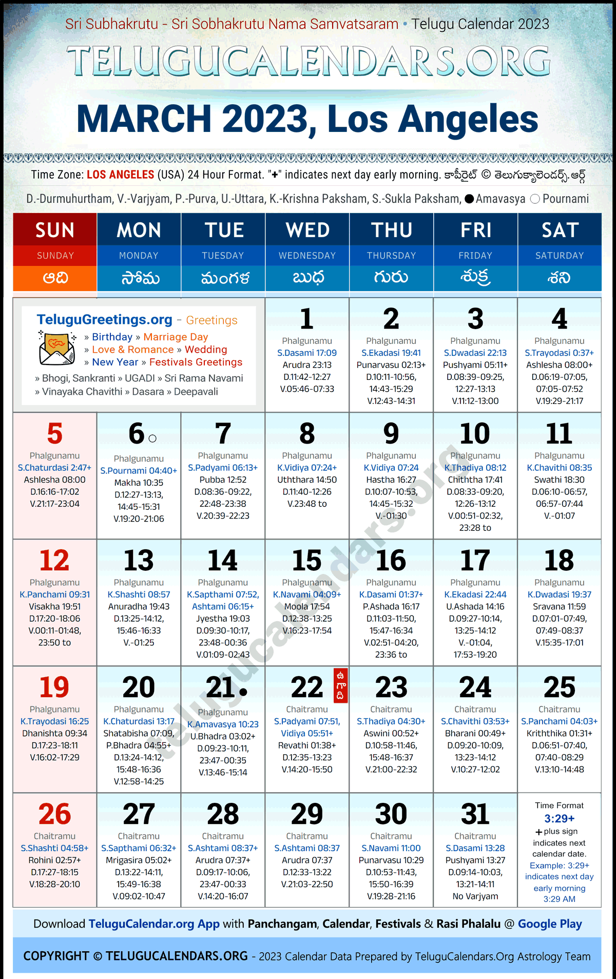 Los Angeles 2023 March Telugu Calendar Festivals & Holidays in English