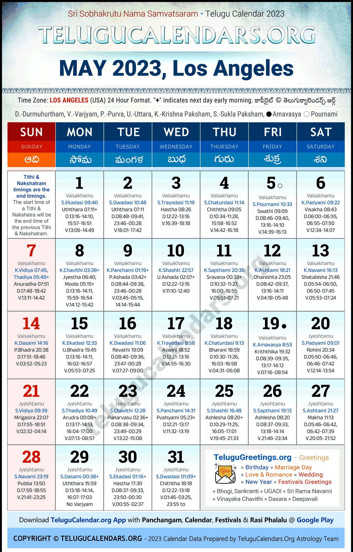 Telugu Calendar 2023 May Festivals for Los Angeles