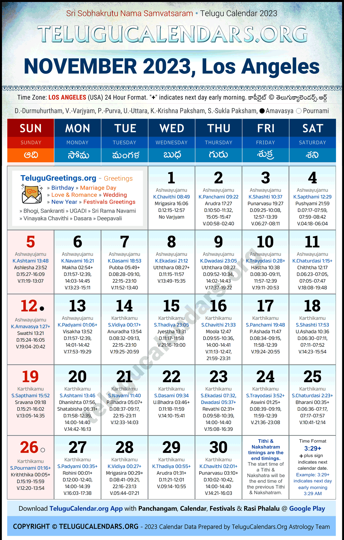 Telugu Calendar 2023 November Festivals for Los Angeles