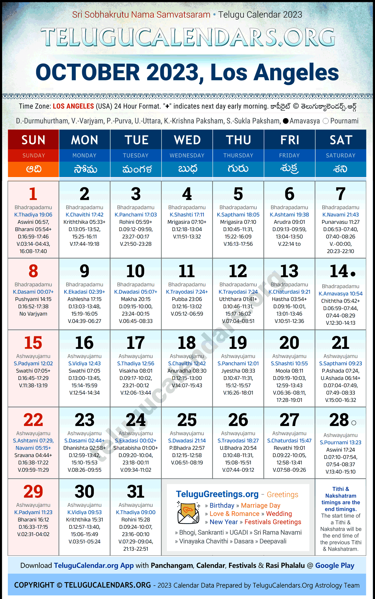 Telugu Calendar 2023 October Festivals for Los Angeles
