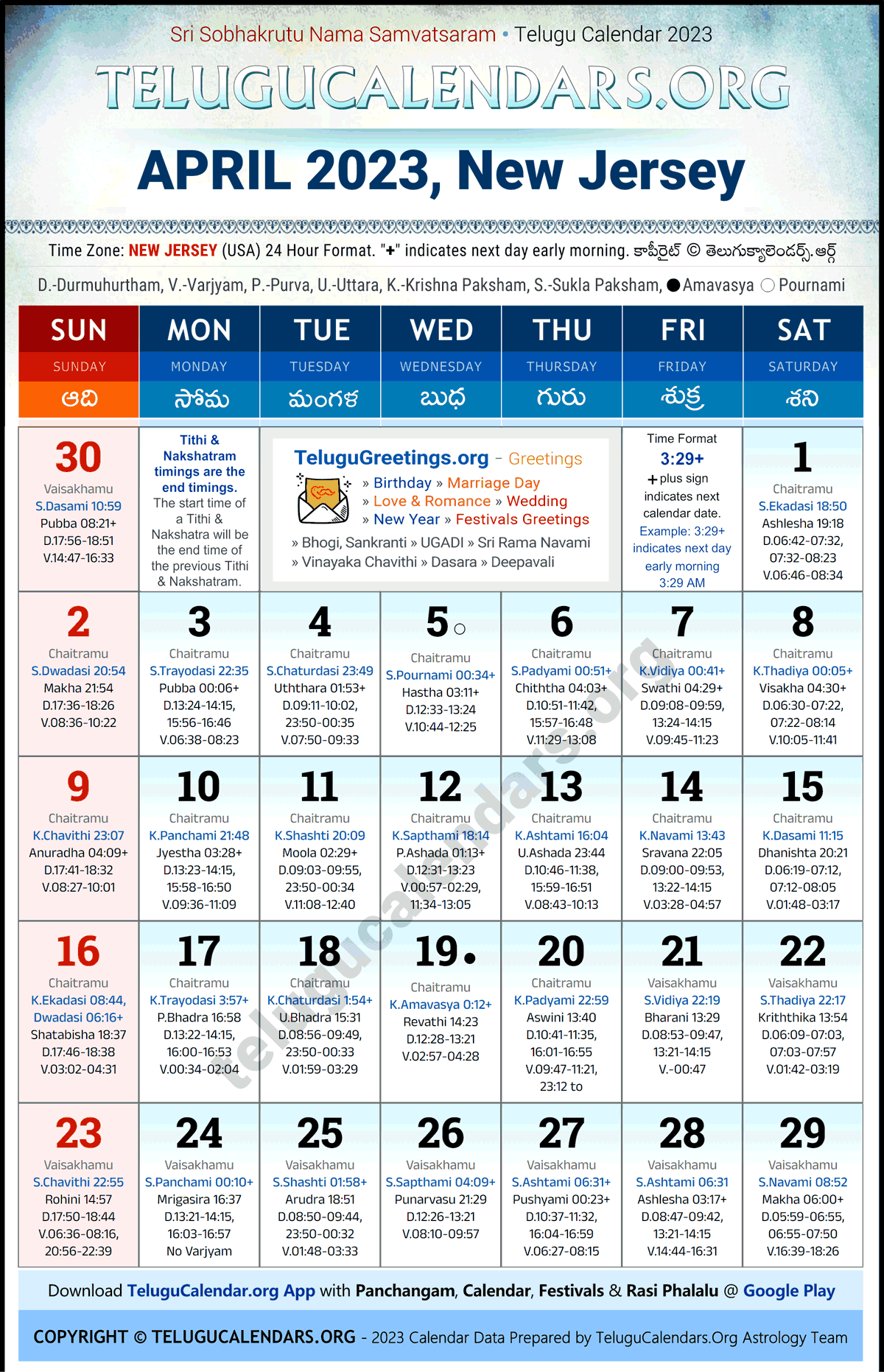 Telugu Calendar 2023 April Festivals for New Jersey