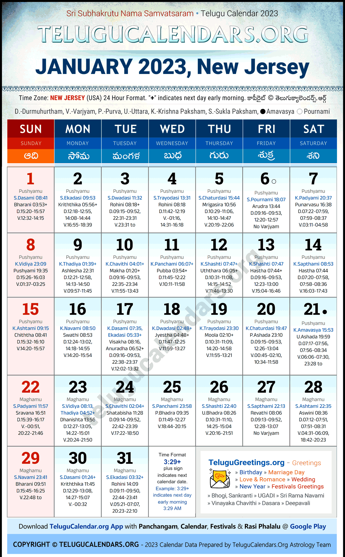 Telugu Calendar 2023 January Festivals for New Jersey