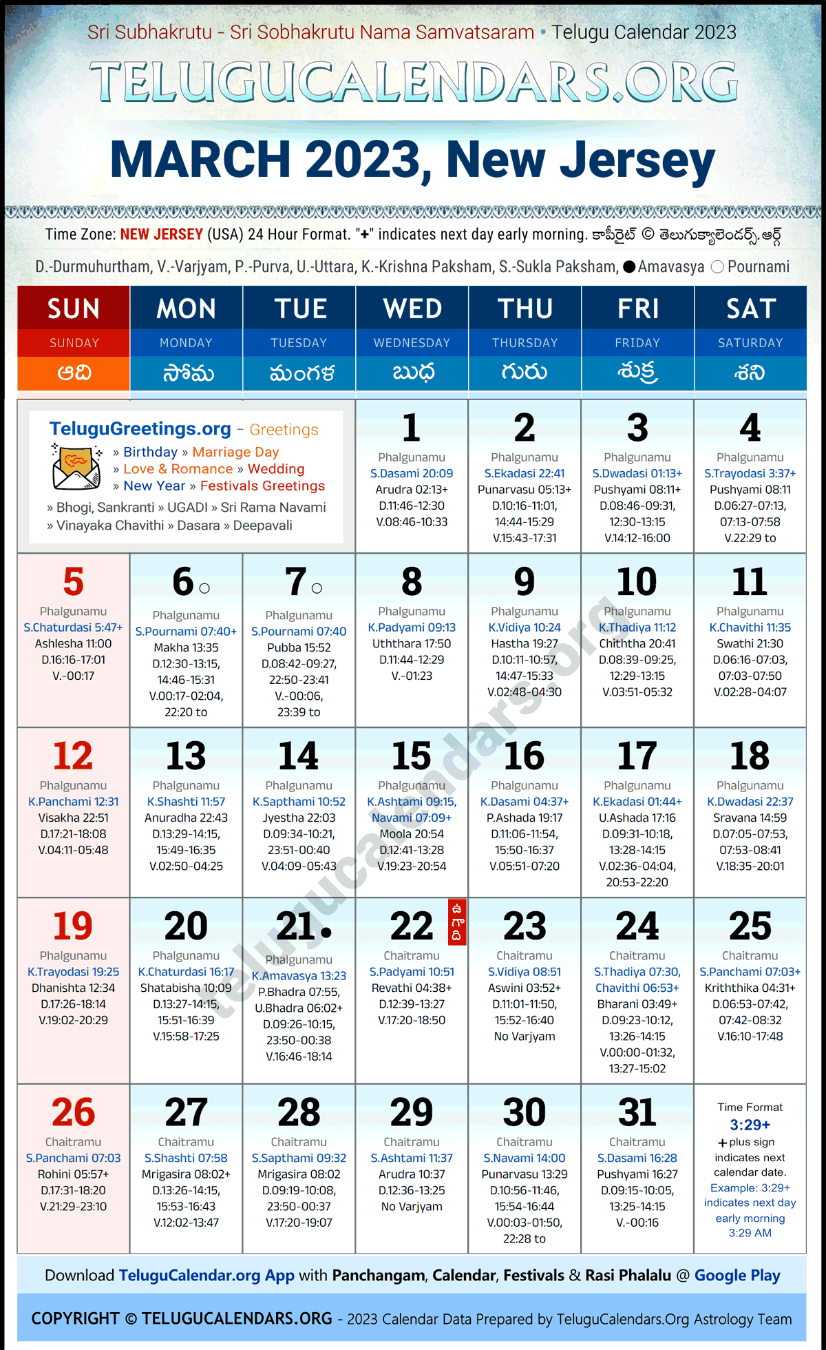 Telugu Calendar 2023 March Festivals for New Jersey