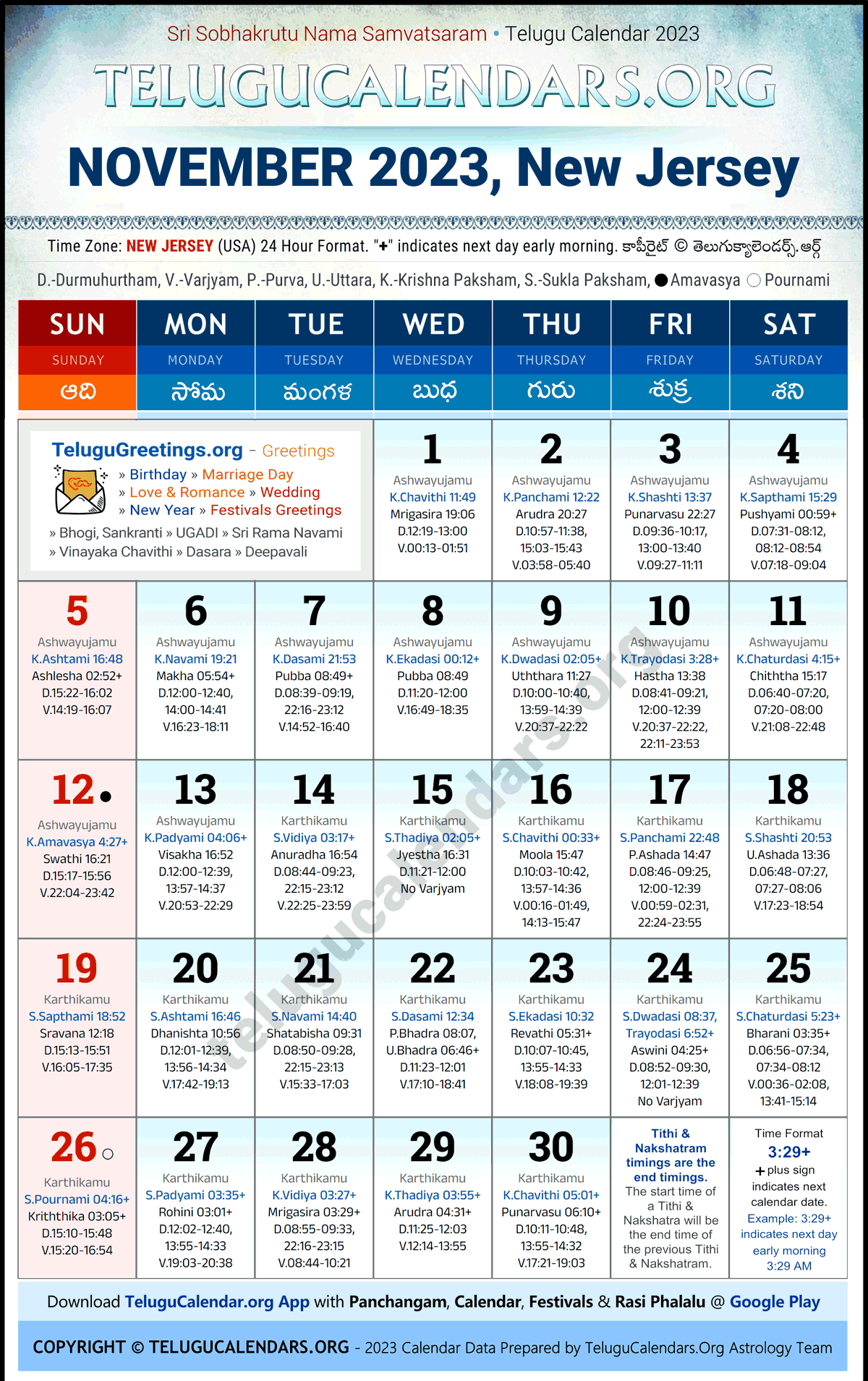 Telugu Calendar 2023 November Festivals for New Jersey