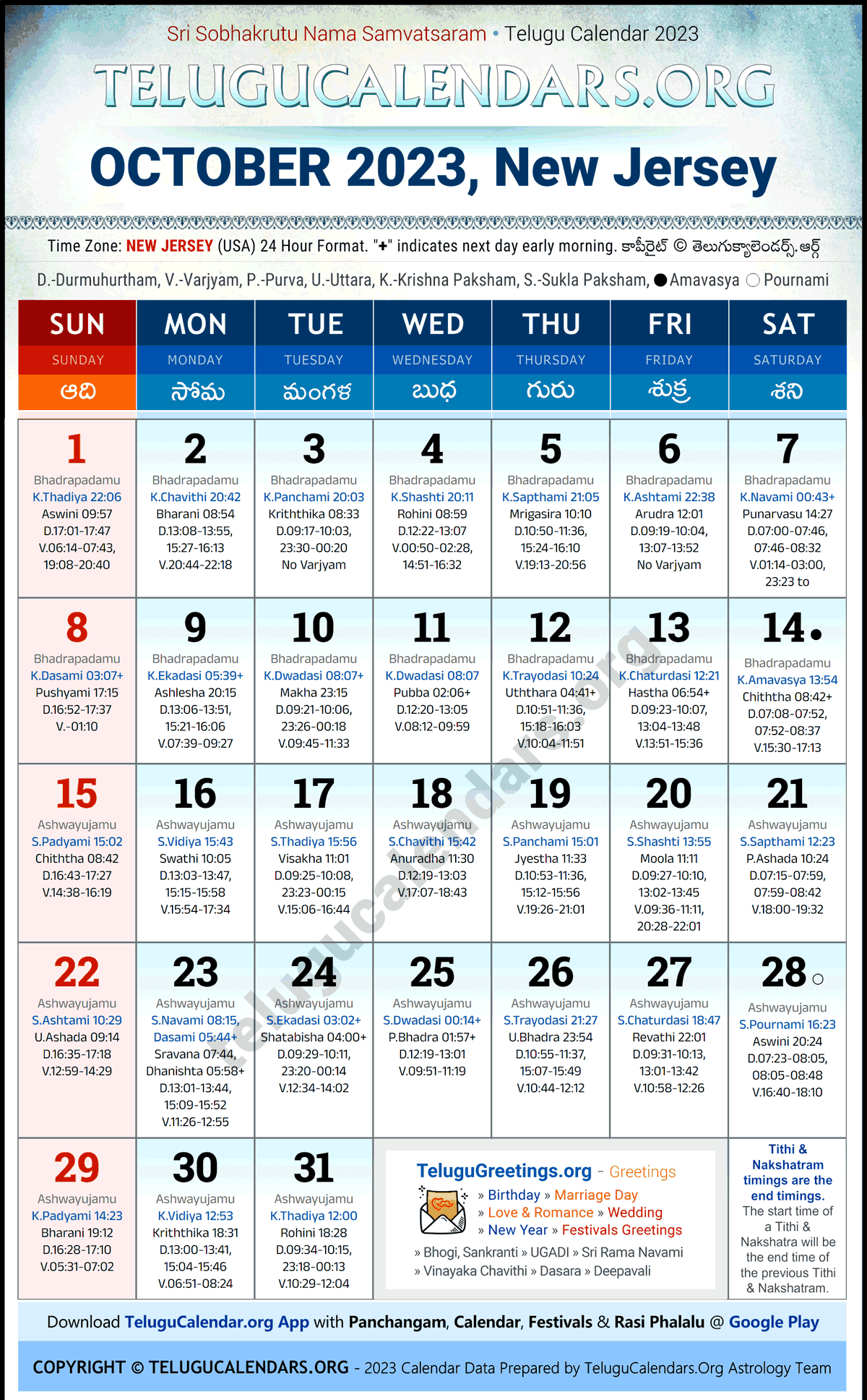 Telugu Calendar 2023 October Festivals for New Jersey