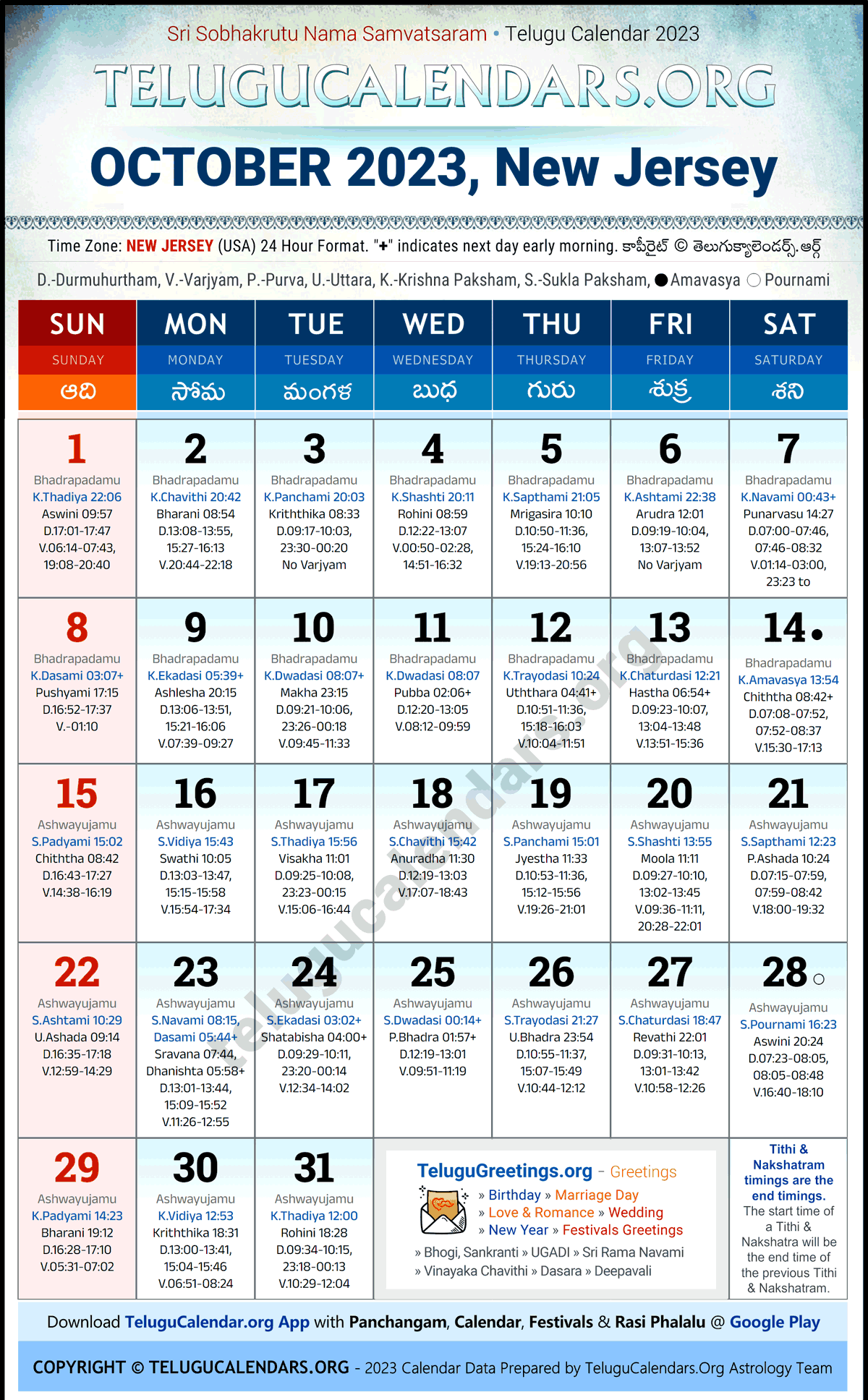 New Jersey 2023 October Telugu Calendar Festivals & Holidays in English