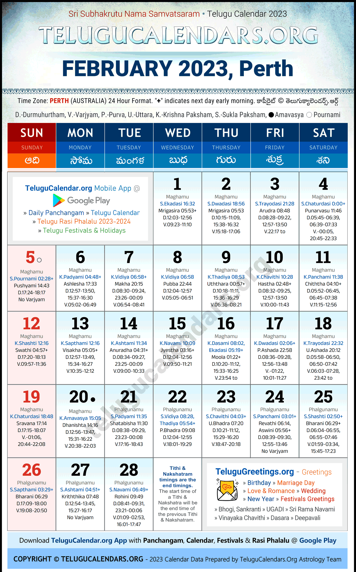 Telugu Calendar 2023 February Festivals for Perth