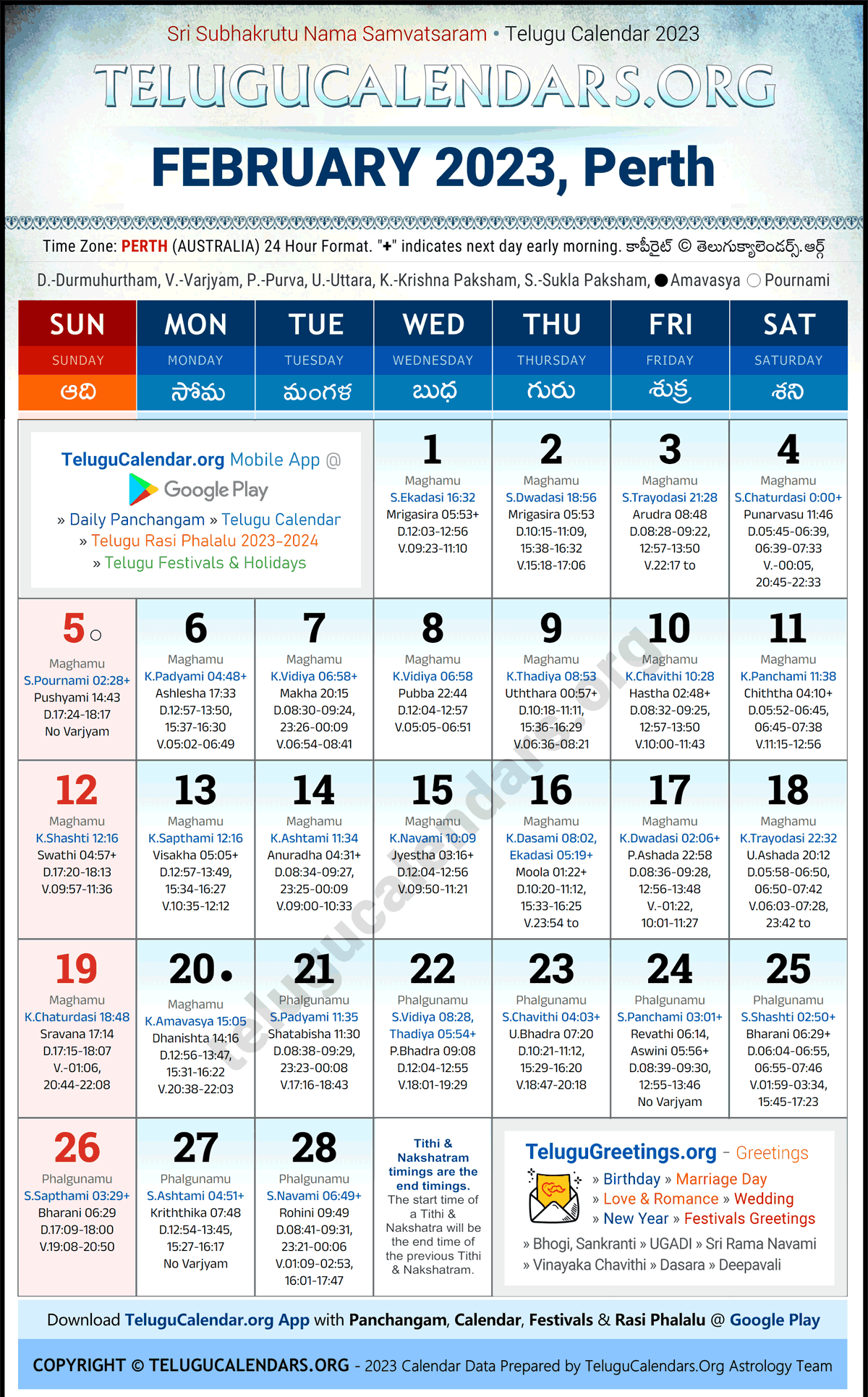 Perth 2023 February Telugu Calendar Festivals & Holidays in English PDF ...