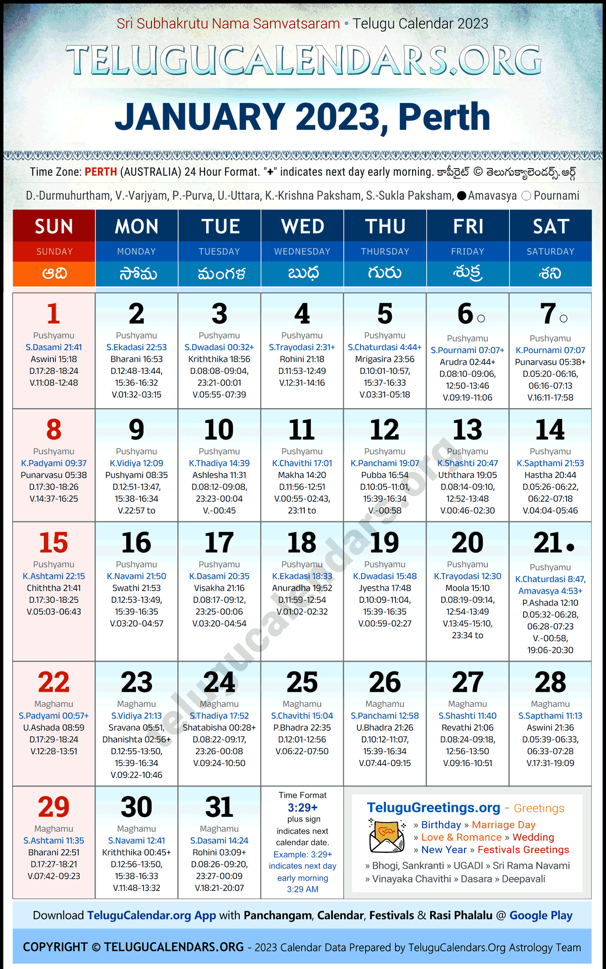 Telugu Calendar 2023 January Festivals for Perth