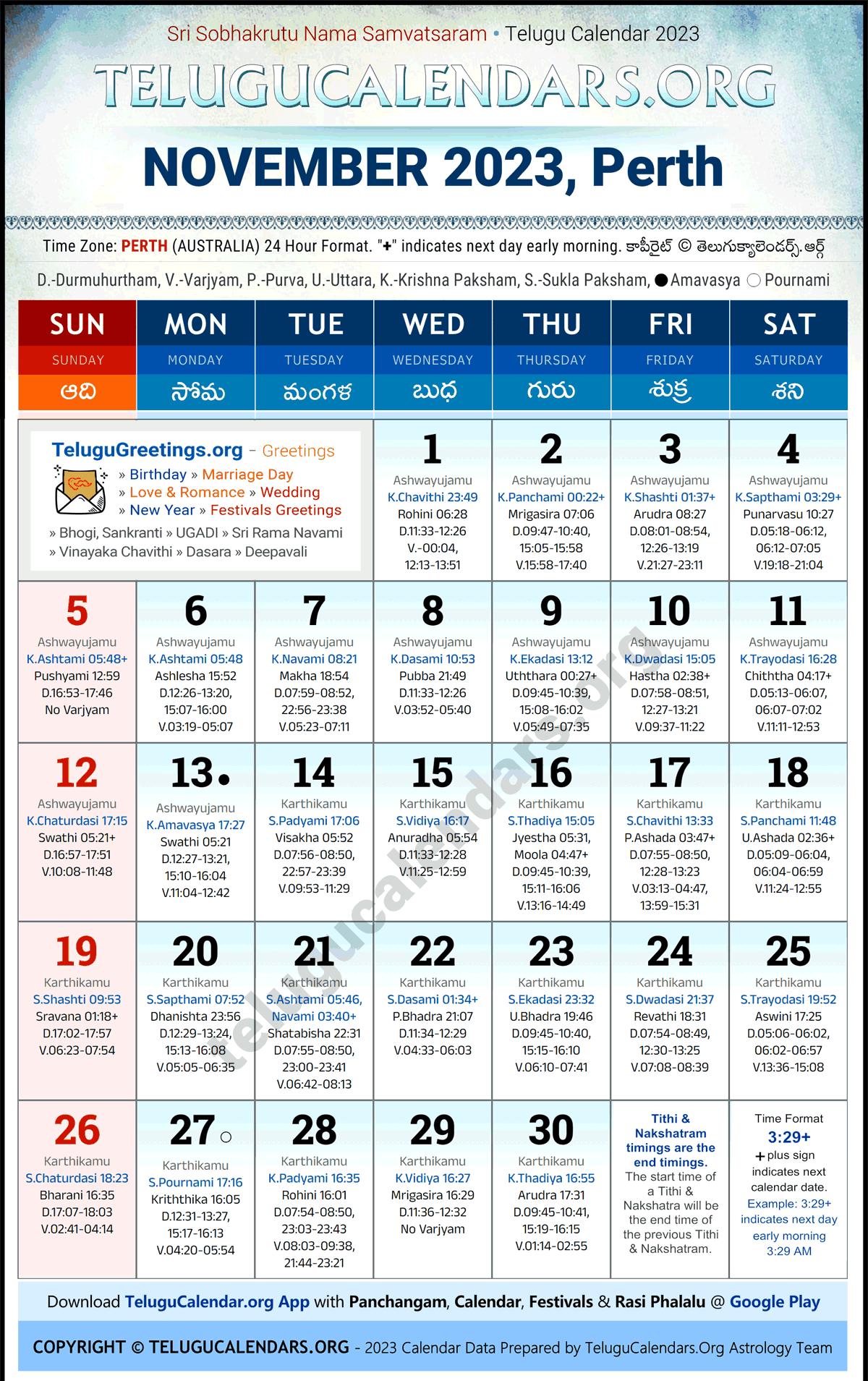Telugu Calendar 2023 November Festivals for Perth