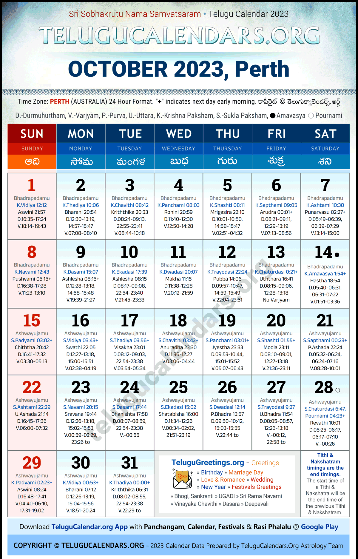 Telugu Calendar 2023 October Festivals for Perth