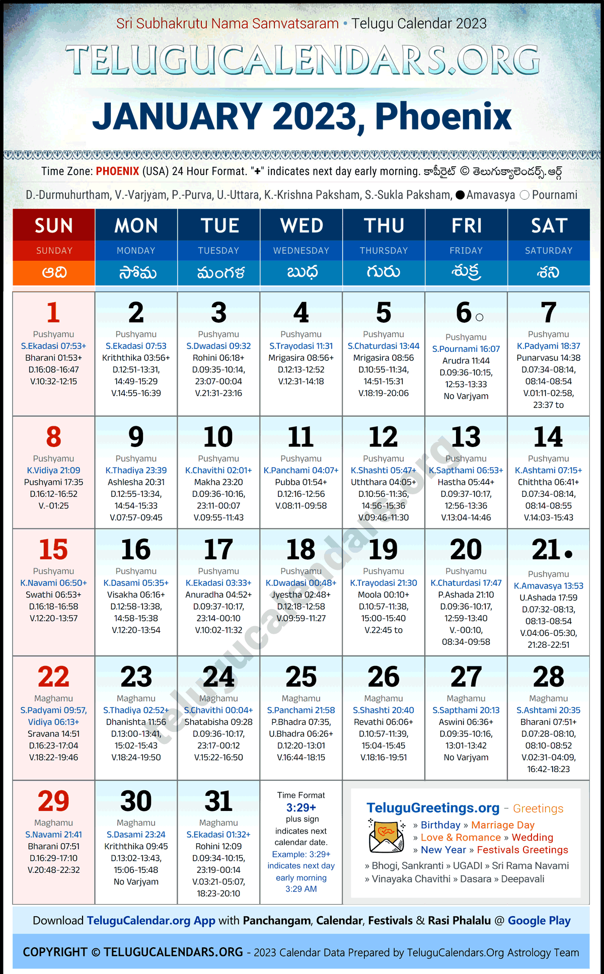 Telugu Calendar 2023 January Festivals for Phoenix