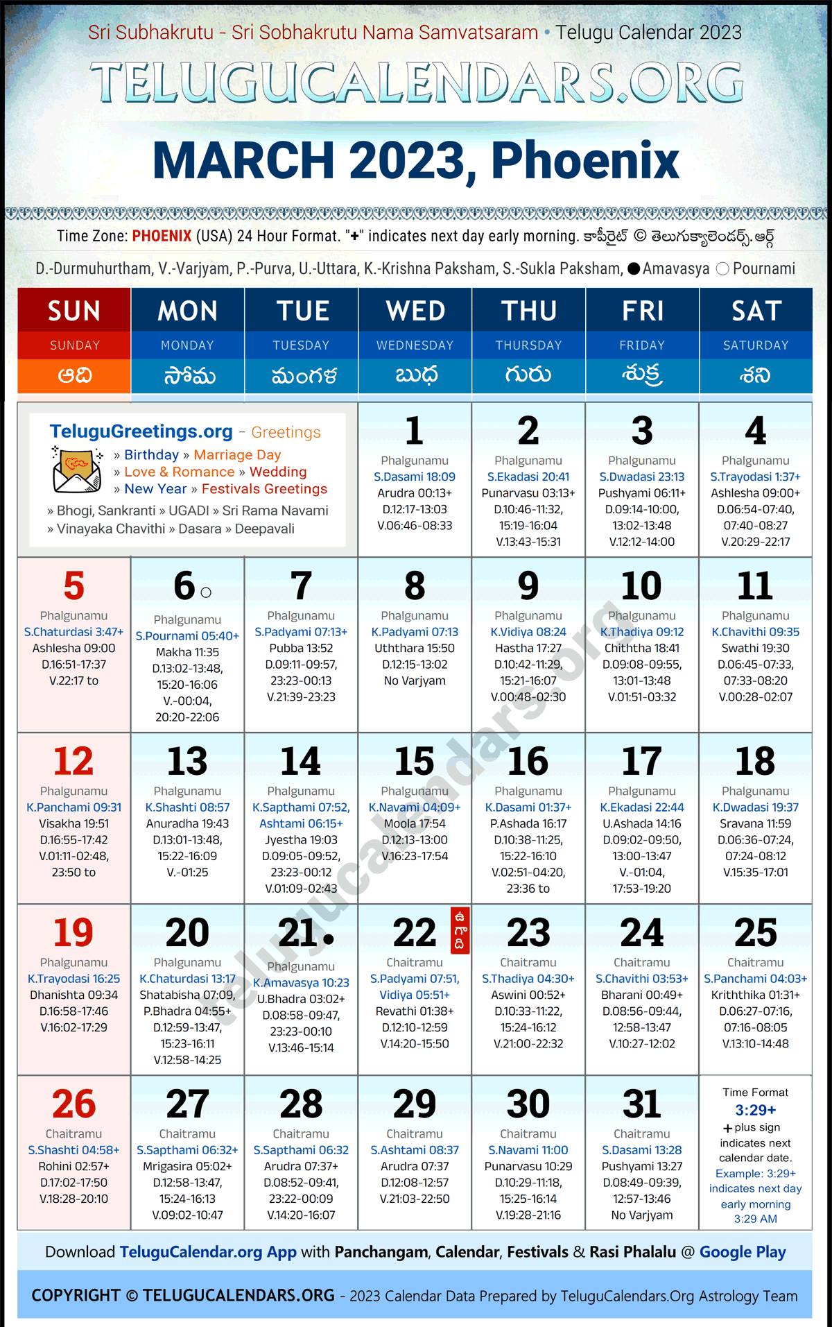 Telugu Calendar 2023 March Festivals for Phoenix