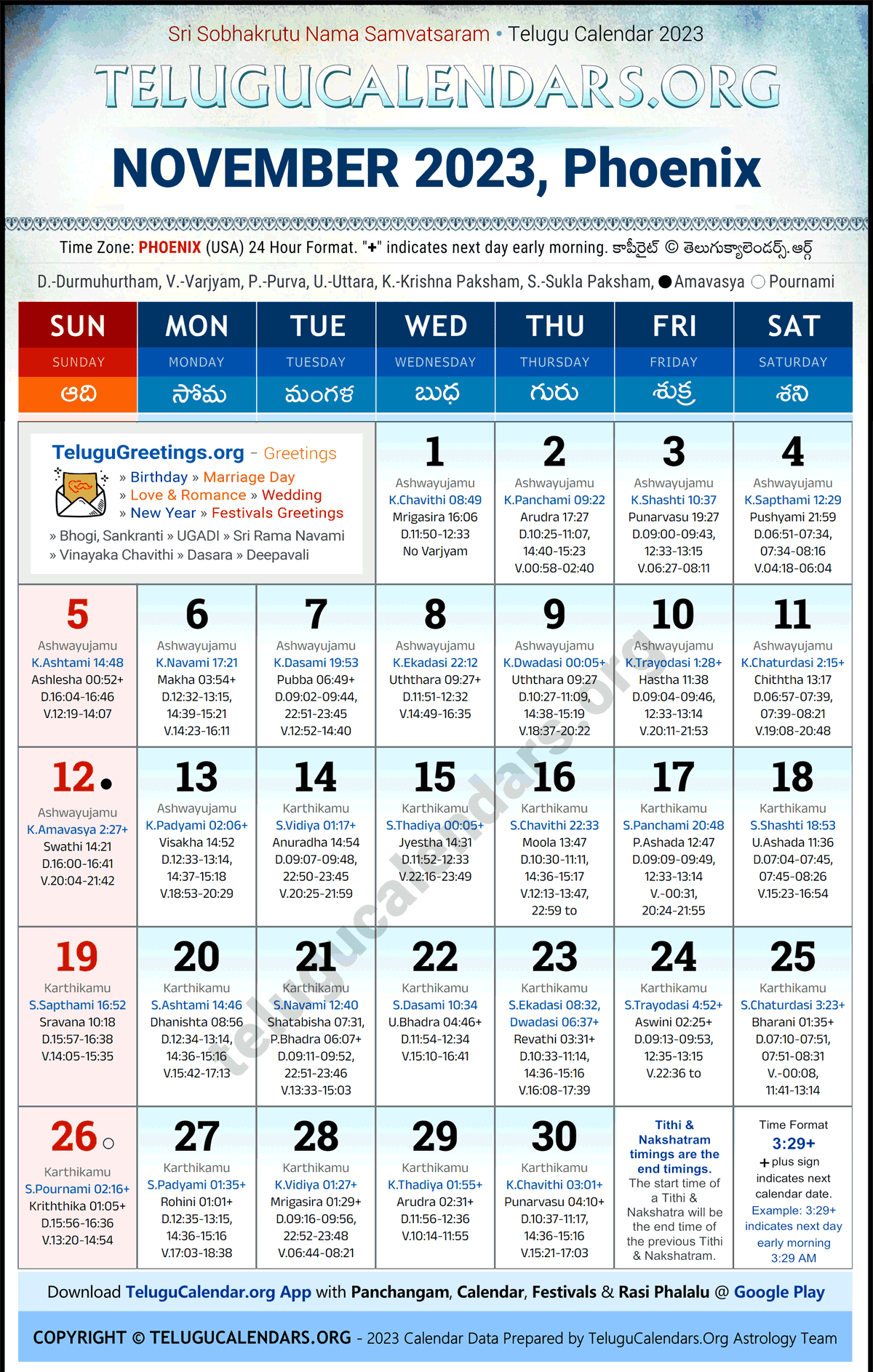 Telugu Calendar 2023 November Festivals for Phoenix