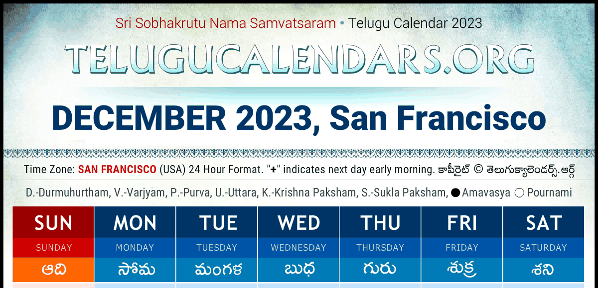 Telugu Calendar 2023 San Francisco