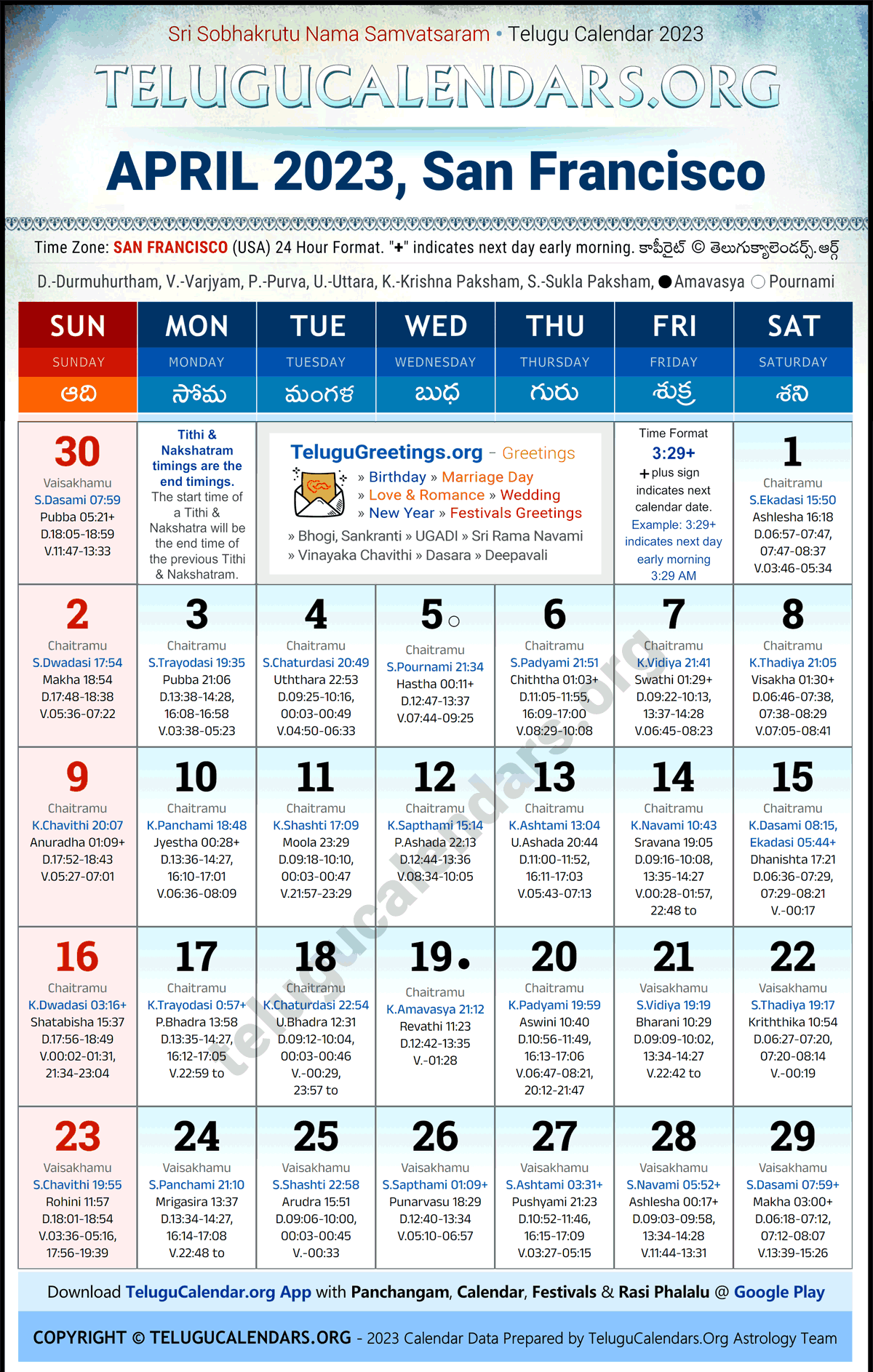 Telugu Calendar 2023 April Festivals for San Francisco