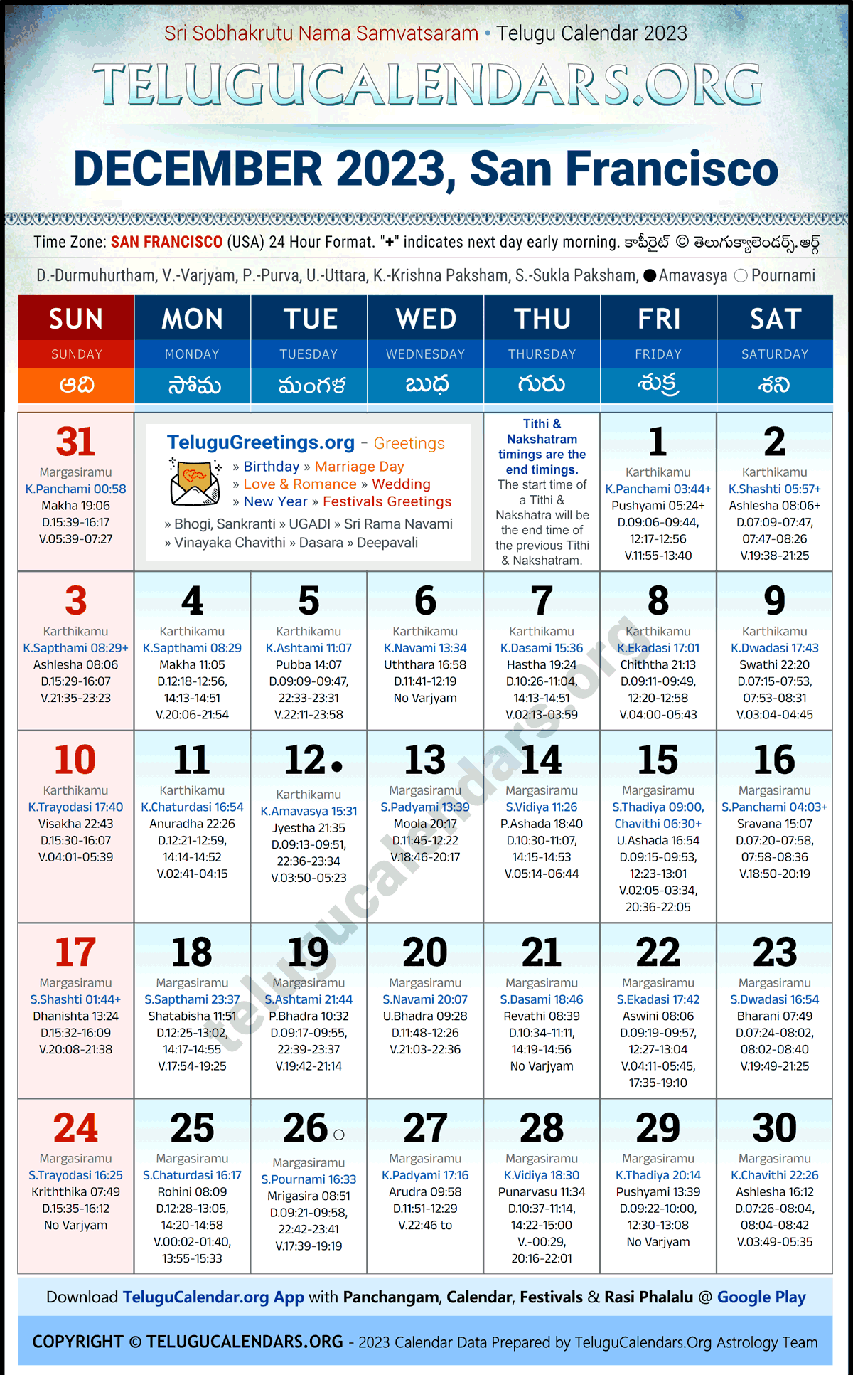 Telugu Calendar 2023 December Festivals for San Francisco