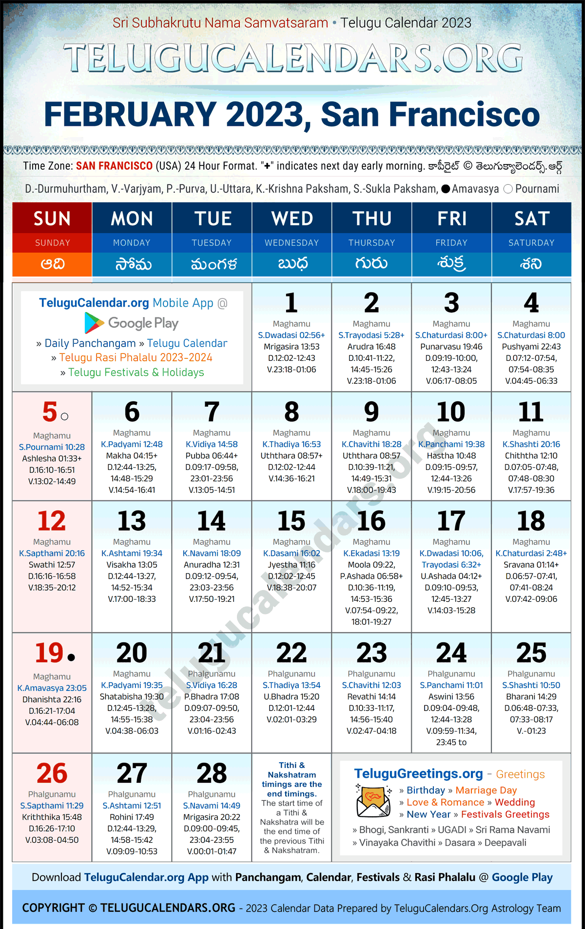 Telugu Calendar 2023 February Festivals for San Francisco