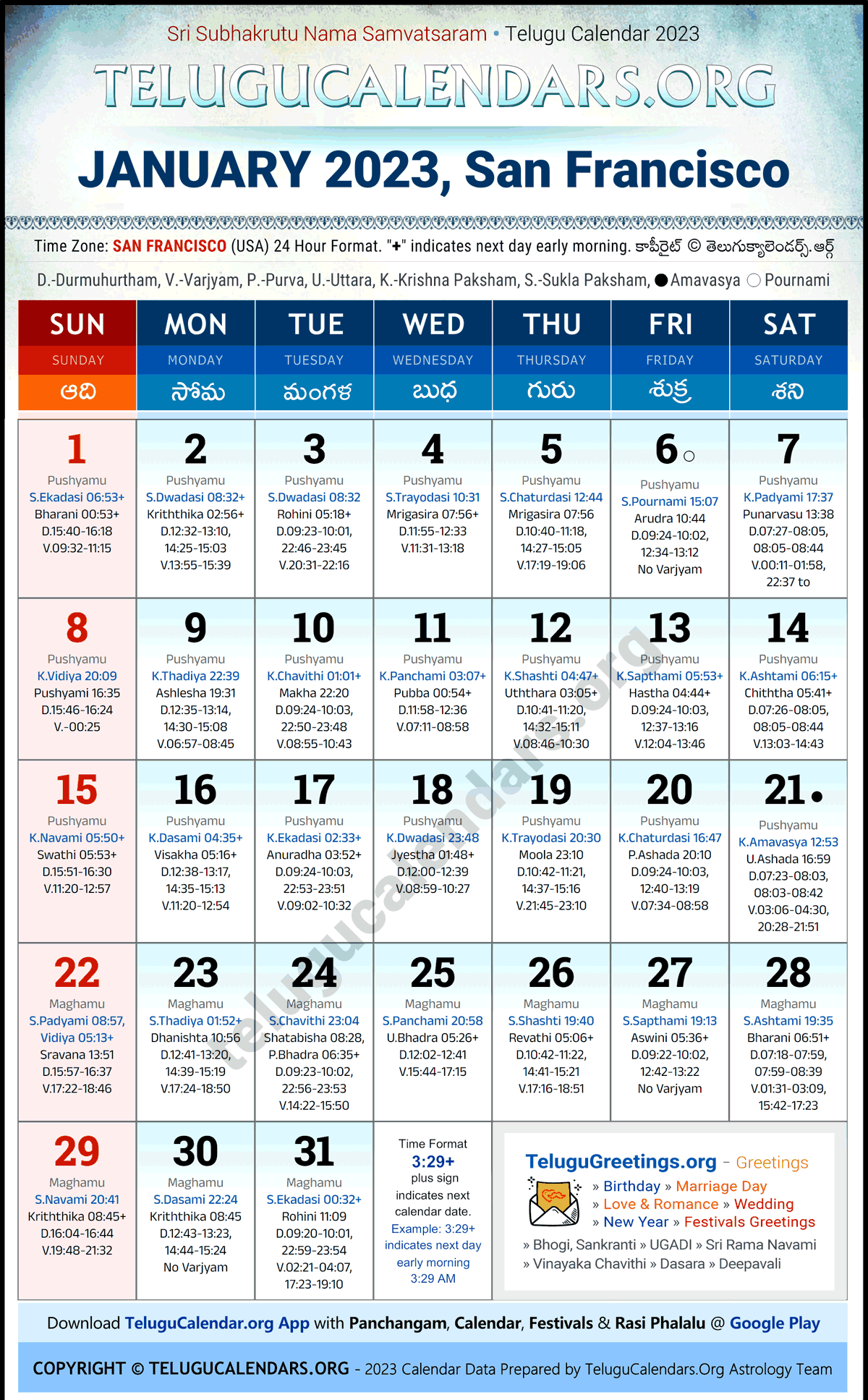 Telugu Calendar 2023 January Festivals for San Francisco